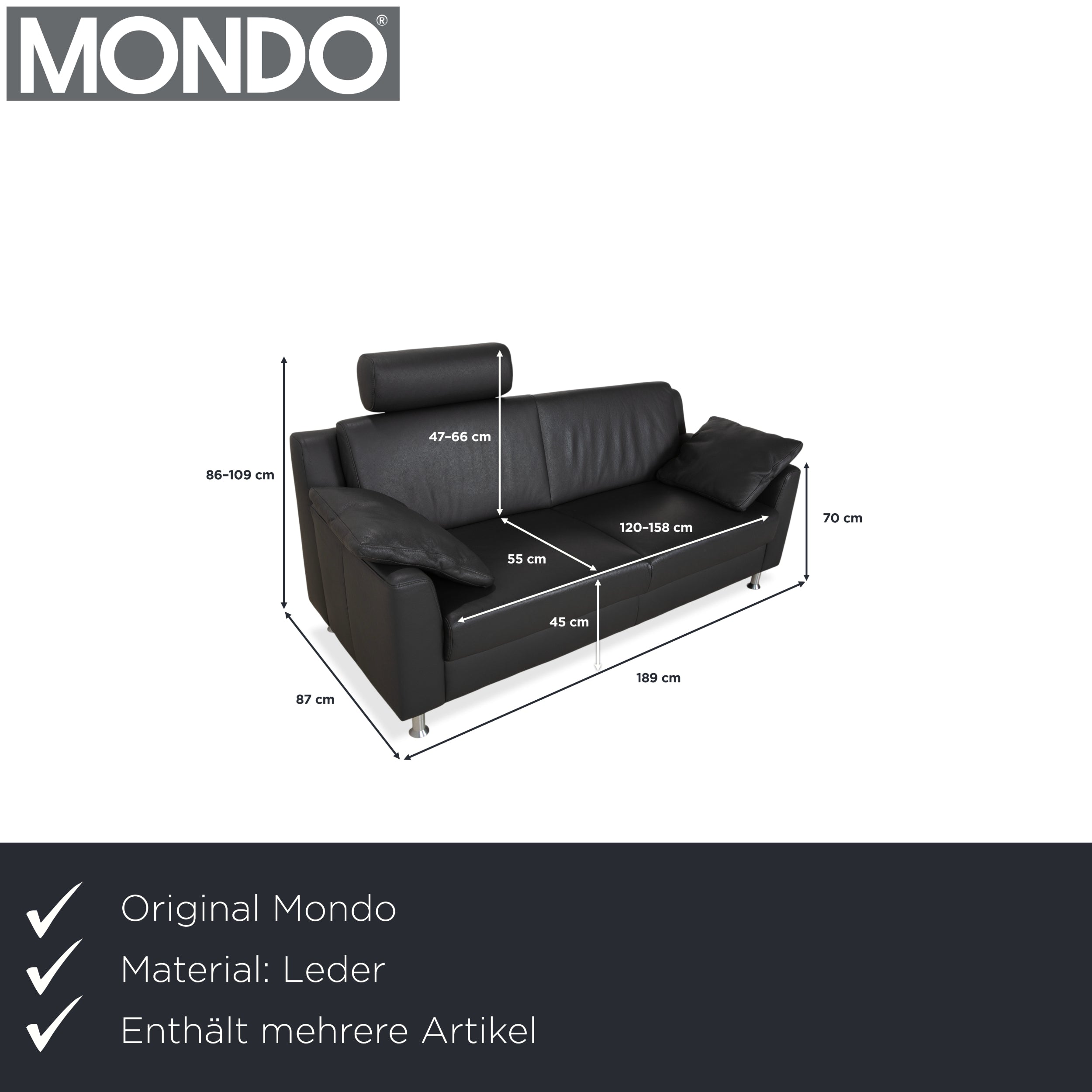 Mondo Leder Zweisitzer Dunkelgrau Sofa Couch inkl. Kopfstütze