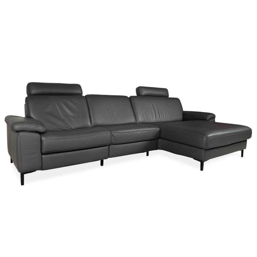 Canapé d'angle en cuir Mondo Maestra, gris ardoise anthracite, avec fonction électrique.