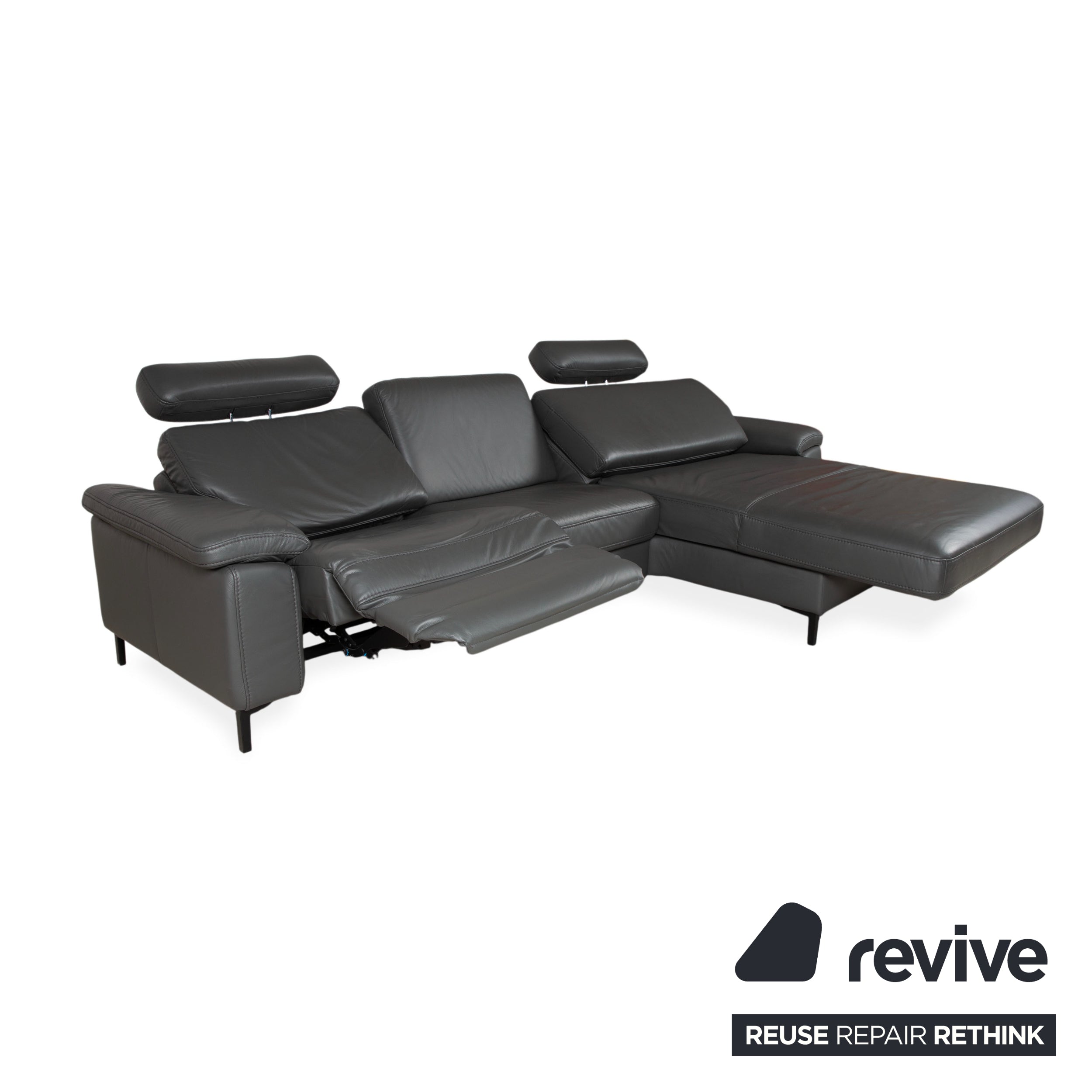 Canapé d'angle en cuir Mondo Maestra, gris ardoise anthracite, avec fonction électrique.