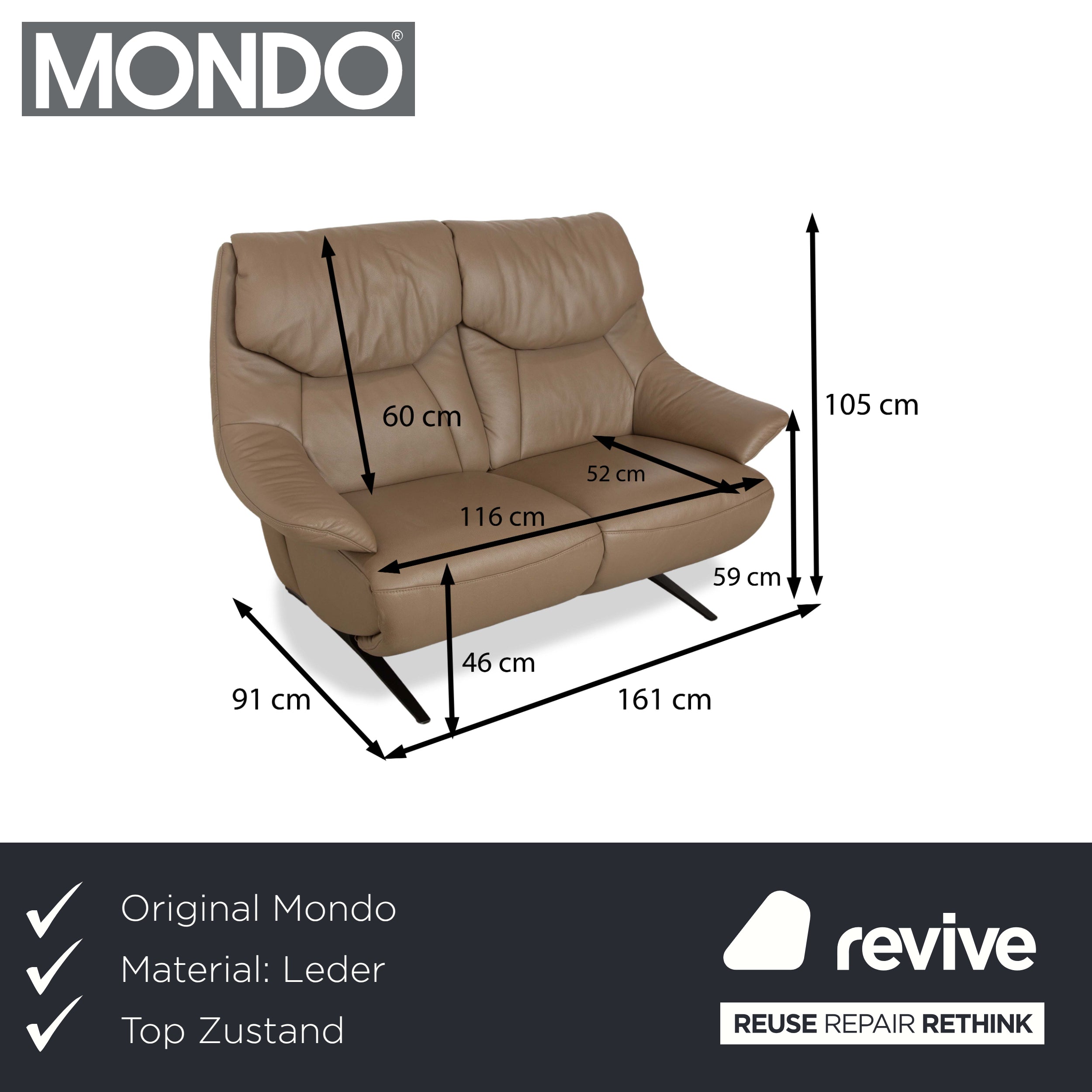 Mondo Malu Leder Zweisitzer Beige Braun Taupe Schlamm Sofa Couch