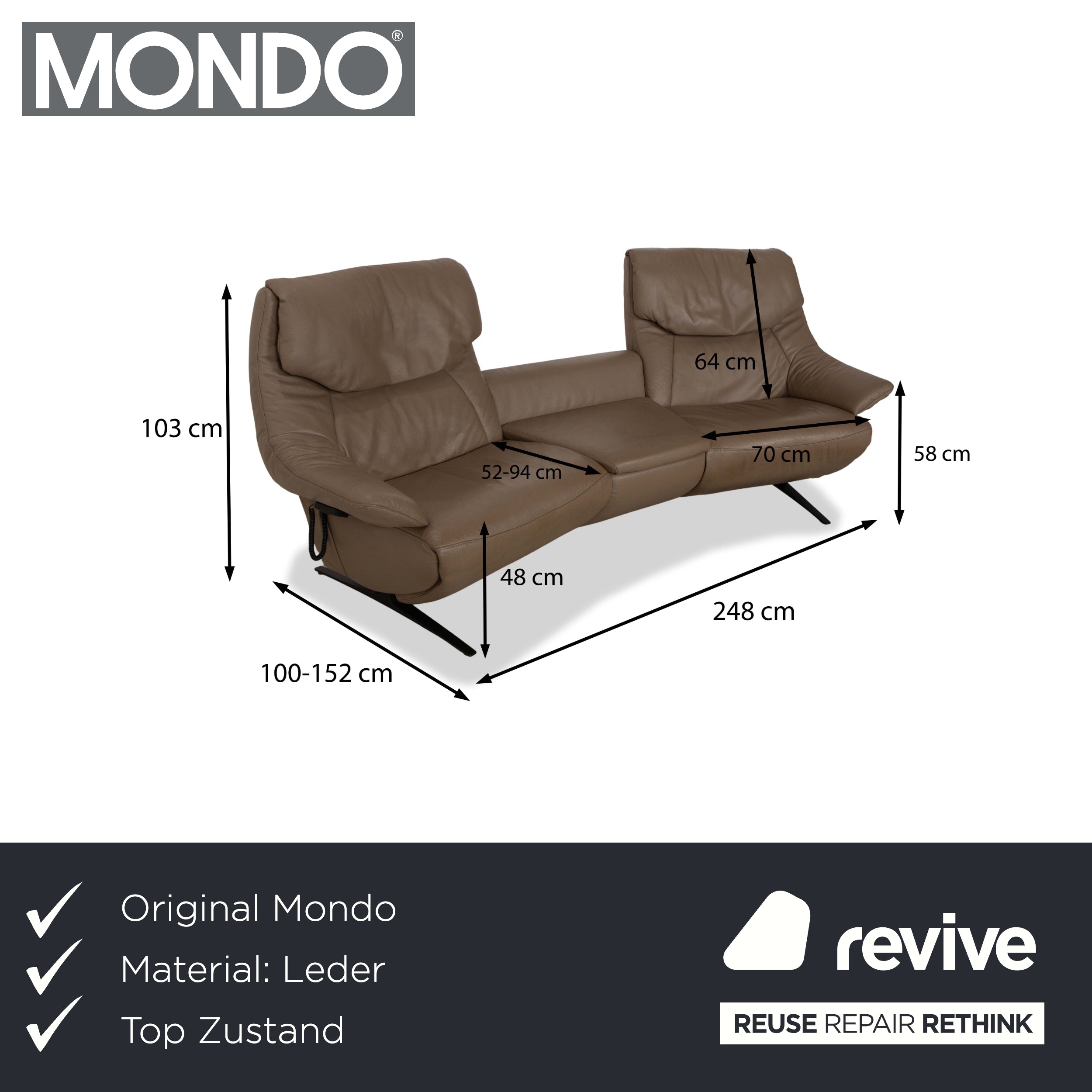 Mondo Malu Leder Zweisitzer Braun Taupe elektrische Funktion Sofa Couch Heimkino