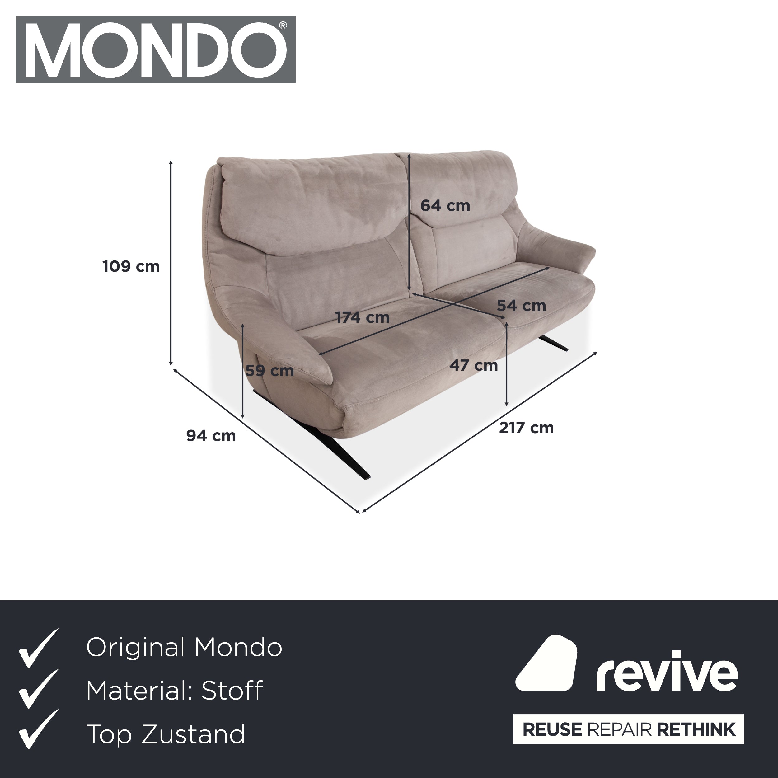 Mondo Malu Stoff Zweisitzer Grau Taupe Sofa Couch