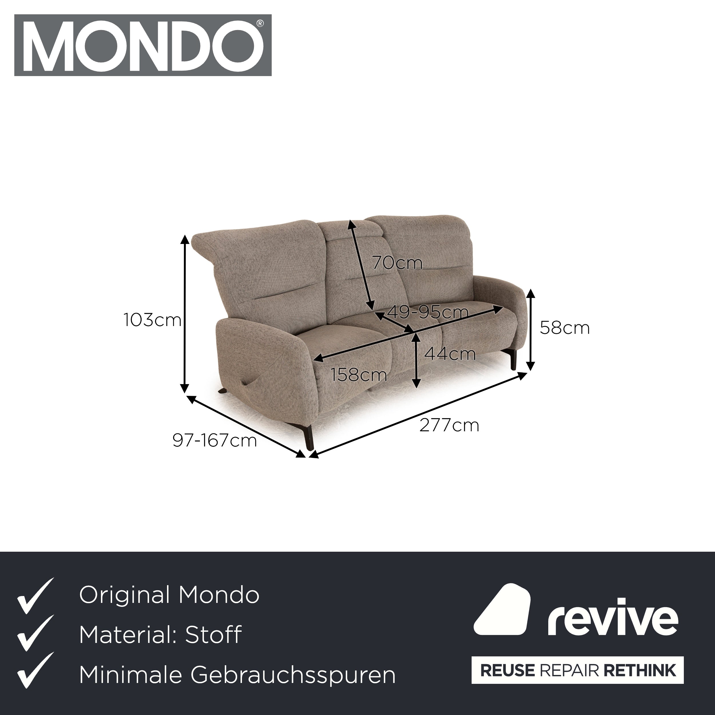 Mondo Recreo Stoff Dreisitzer Grau elektrische Funktion Sofa Couch