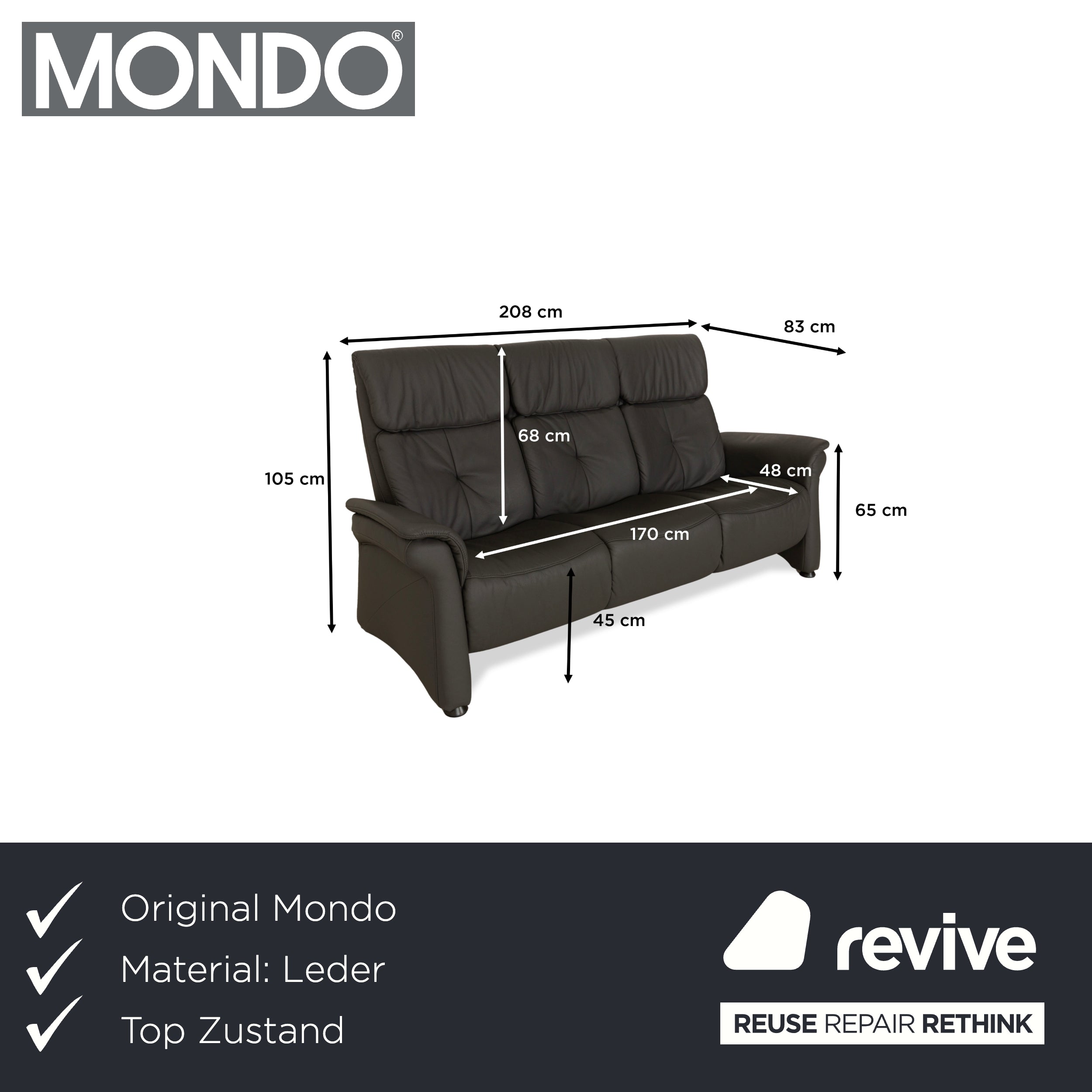 Mondo Varia Leder Dreisitzer Grau Sofa Couch