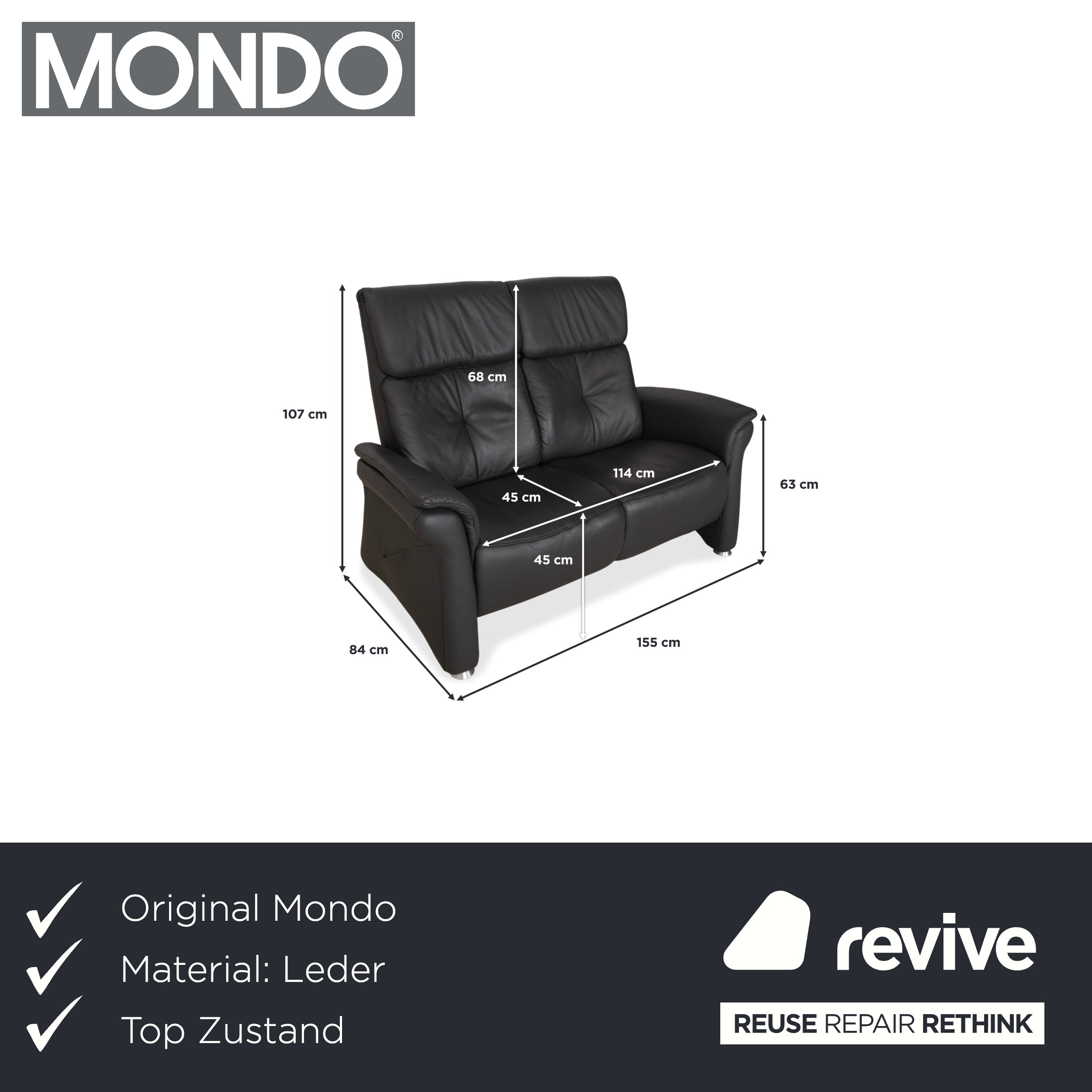 Mondo Varia deux places en cuir, gris anthracite foncé