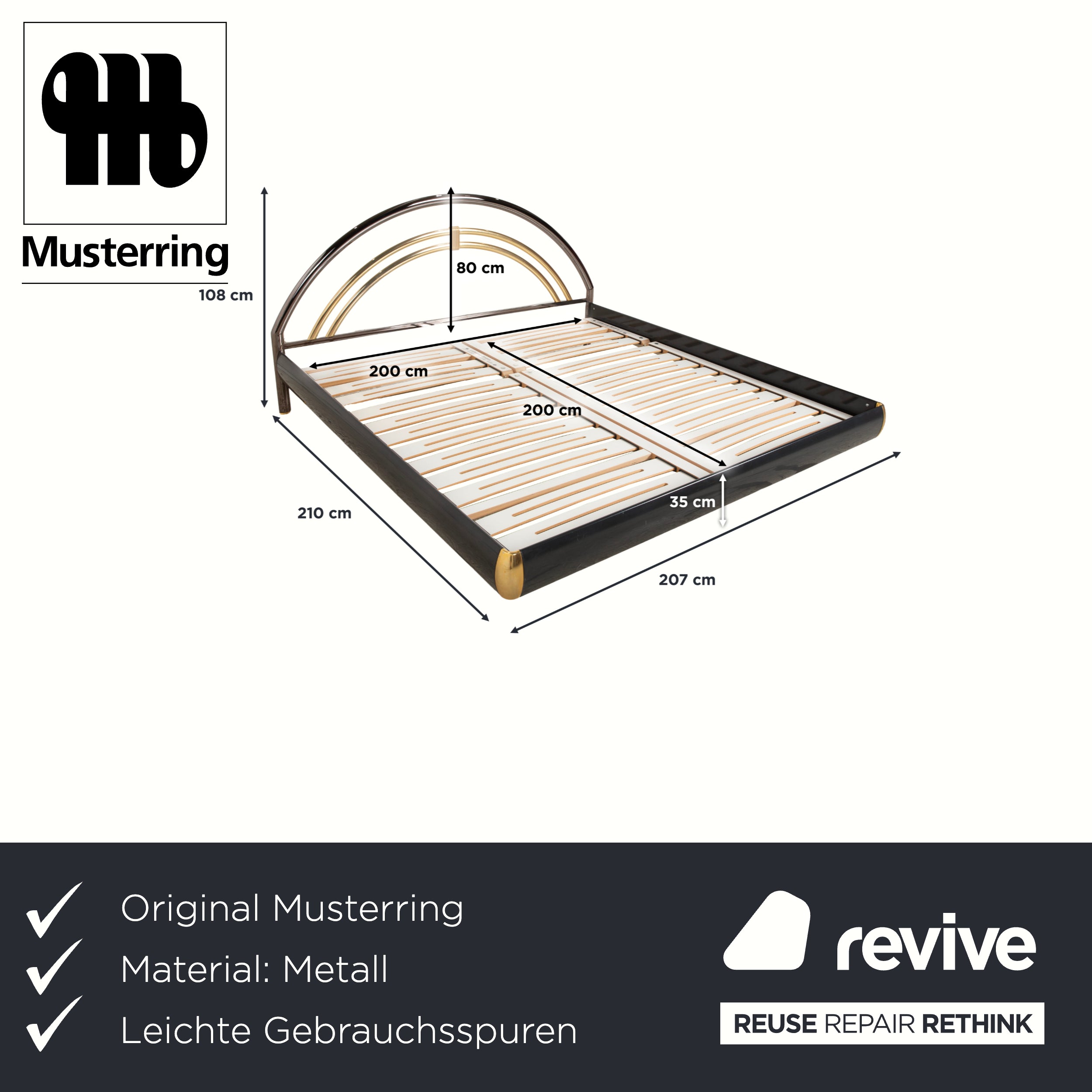 Musterring double bed, metal with slatted frame, black and gold