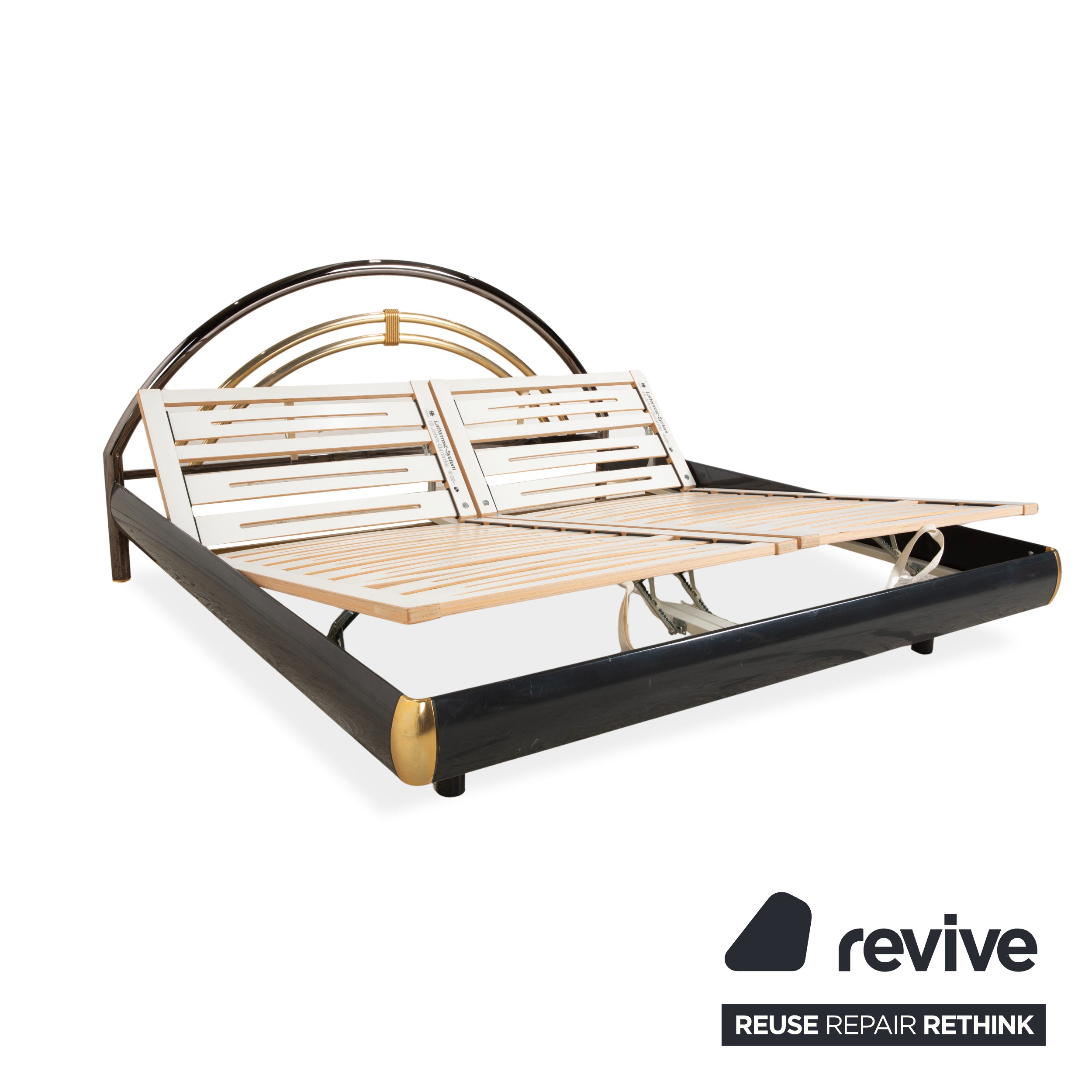Musterring double bed, metal with slatted frame, black and gold