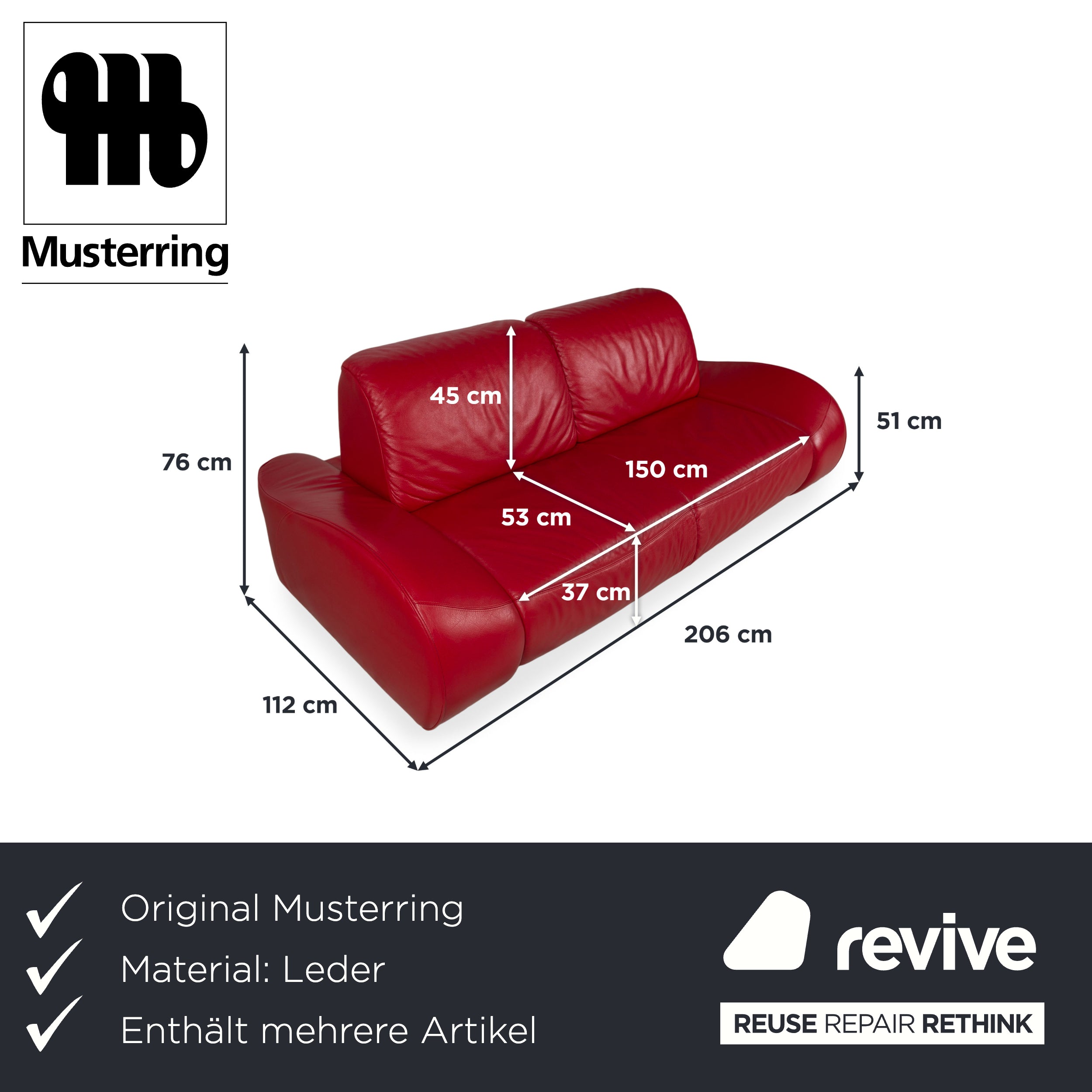 Musterring Garnitur Leder Zweisitzer Hocker Rot Sofa Couch manuelle Funktion