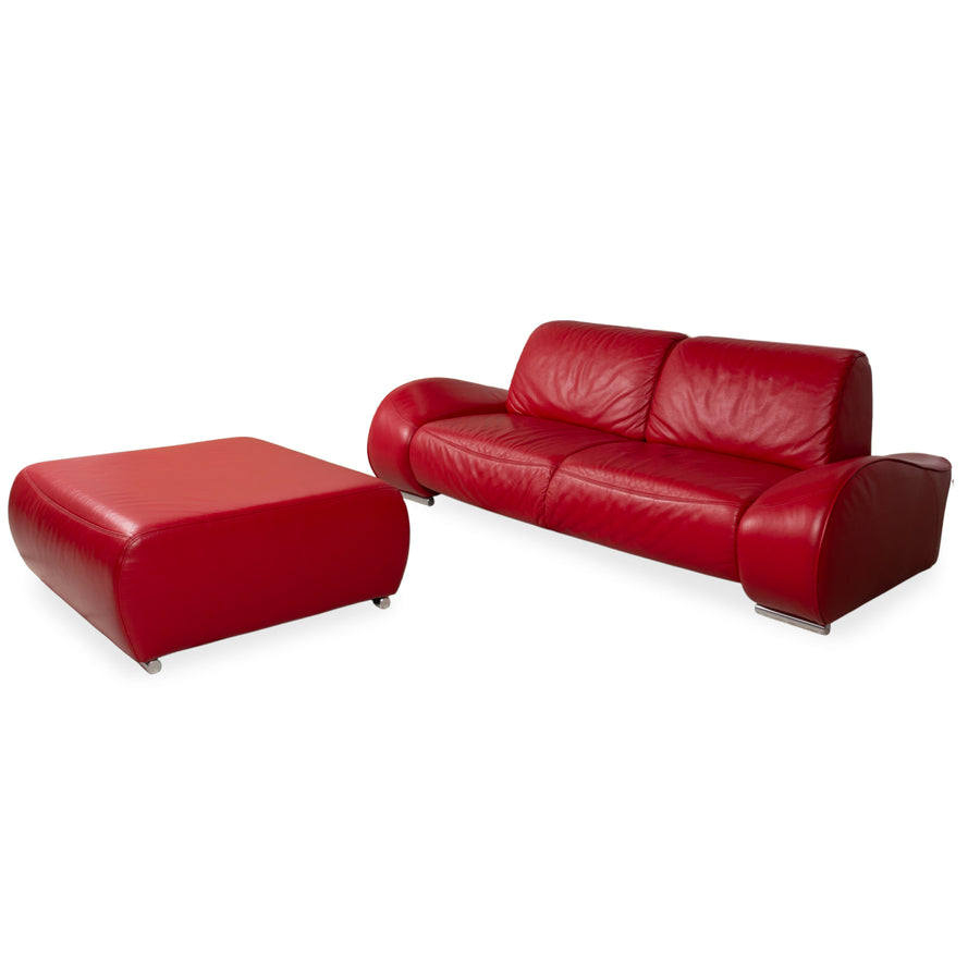 Musterring Garnitur Leder Zweisitzer Hocker Rot Sofa Couch manuelle Funktion