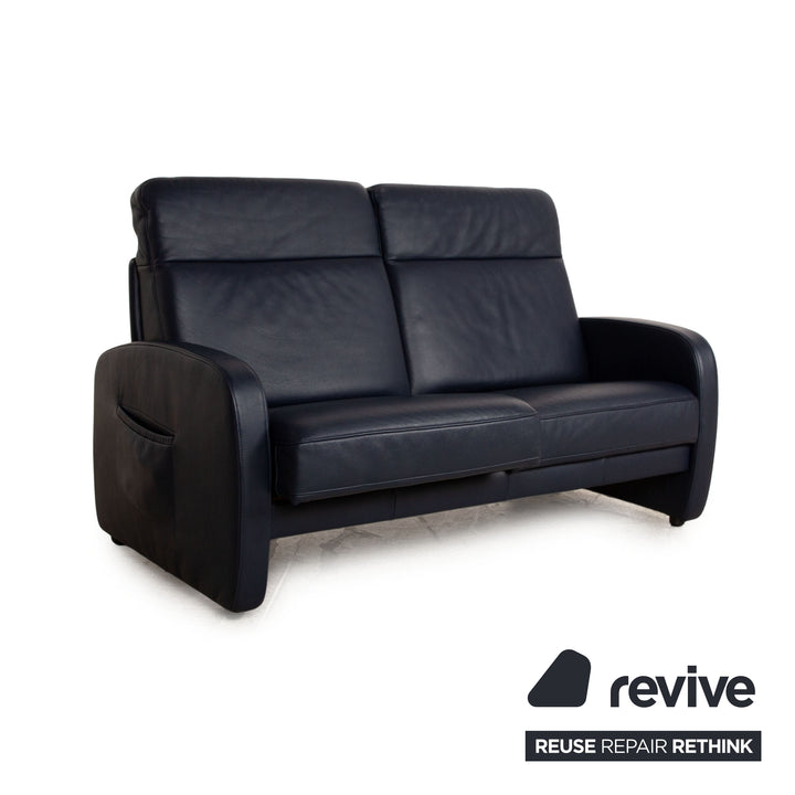 Musterring Leather Three Seater Blue Black Sofa Couch Manual Function