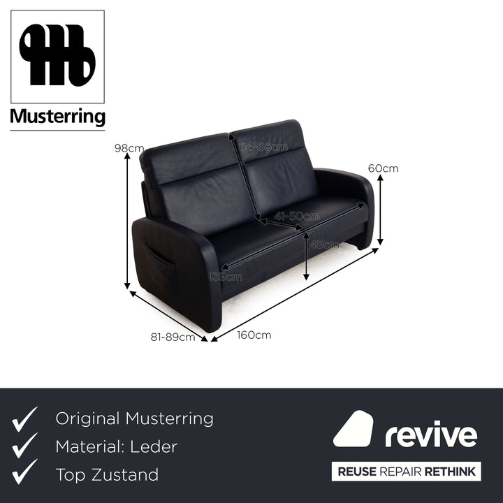 Musterring Leather Three Seater Blue Black Sofa Couch Manual Function