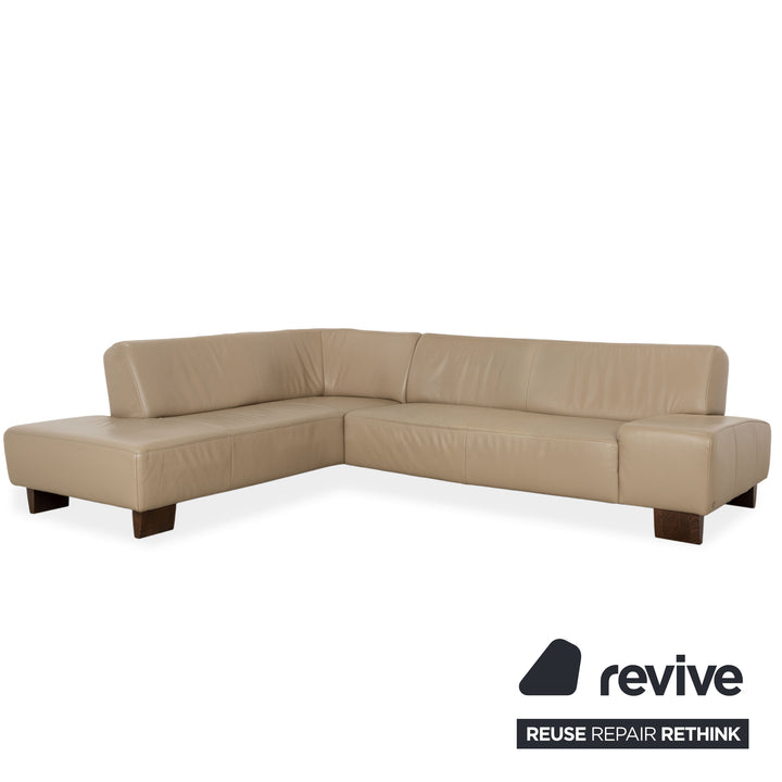 Musterring Leather Wood Corner Sofa Beige Taupe Sofa Couch