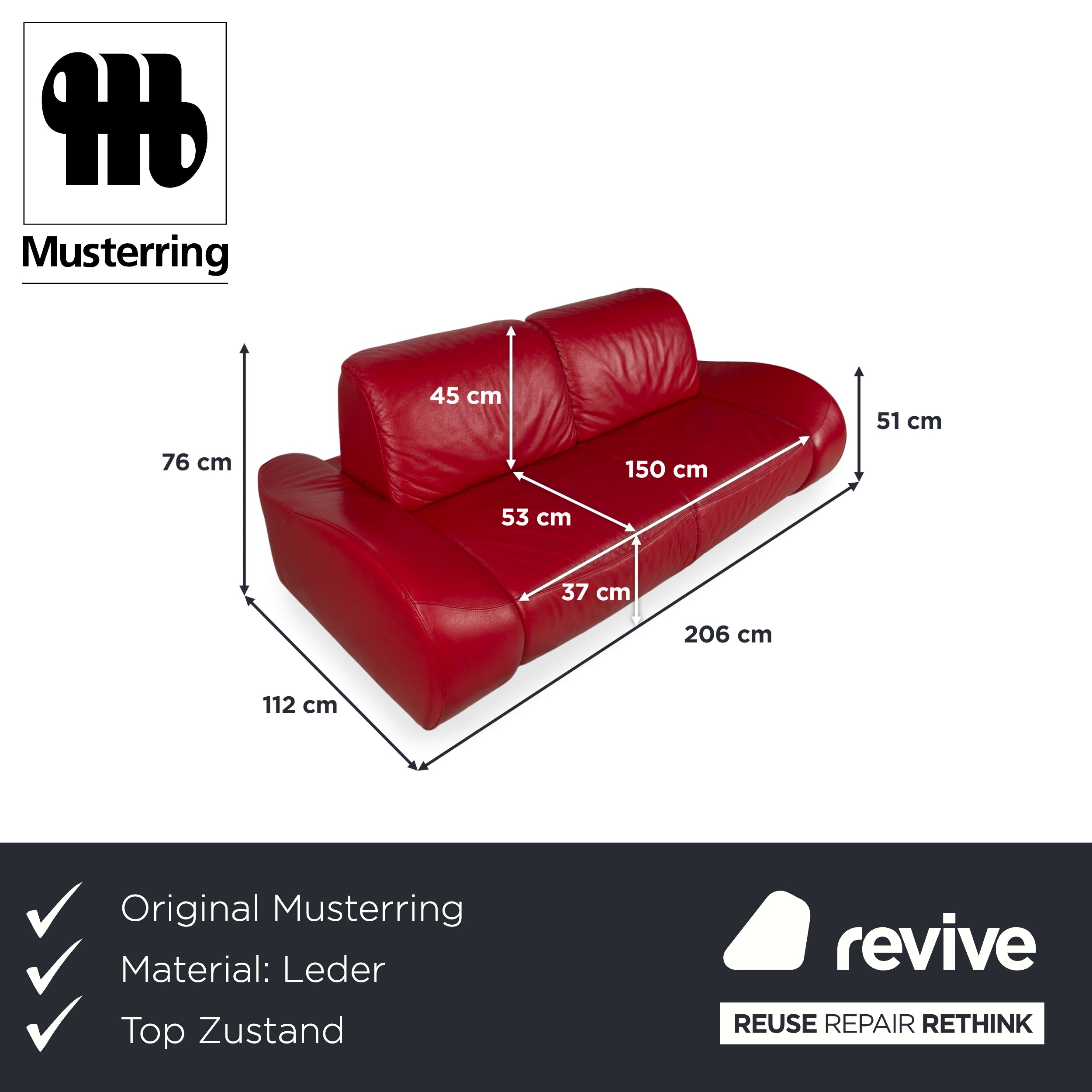 Musterring Leder Zweisitzer Rot Sofa Couch manuelle Funktion