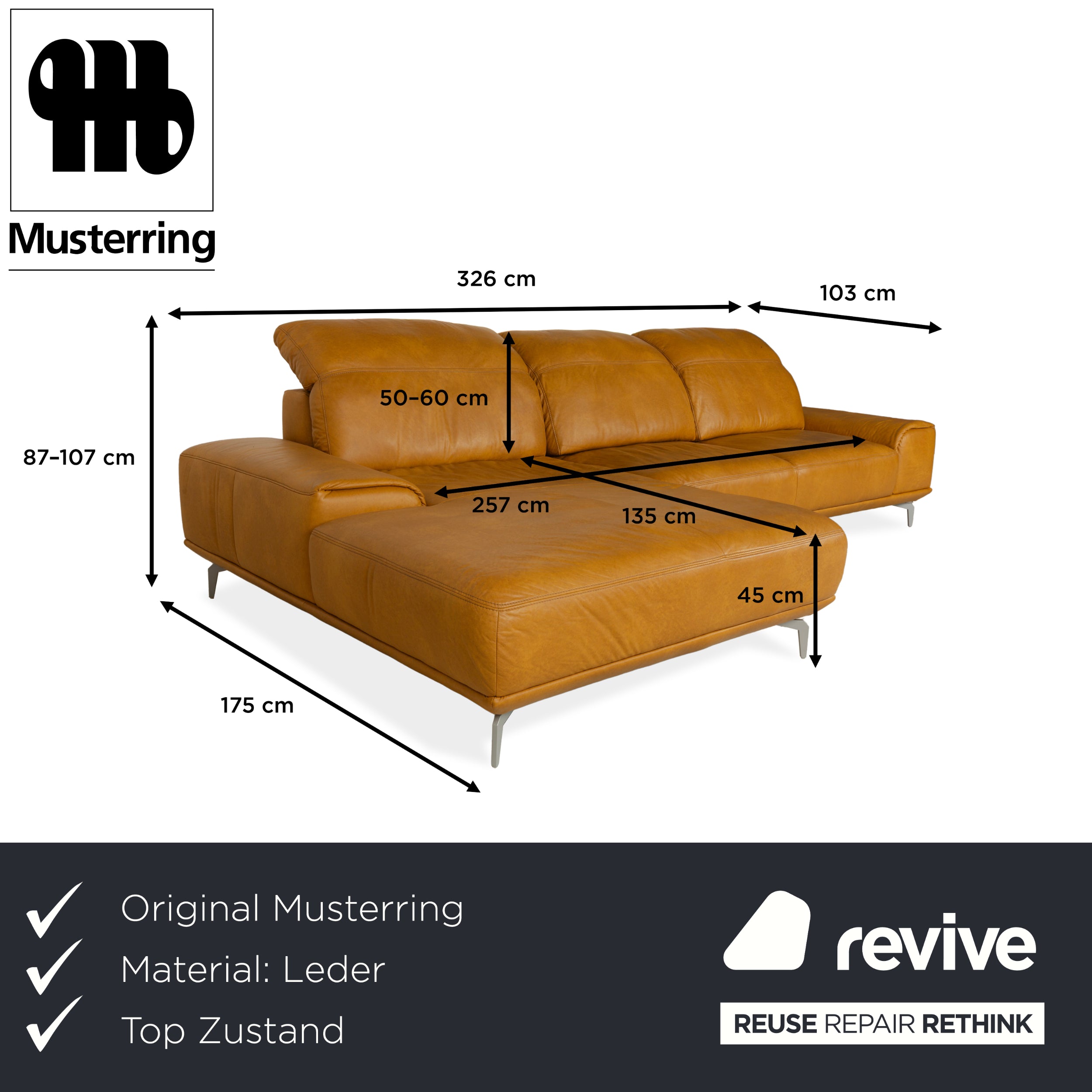 Musterring MR 2490 Leder Ecksofa Gelb Kurkuma elektr. Funktion Récamière  links Sofa Couch