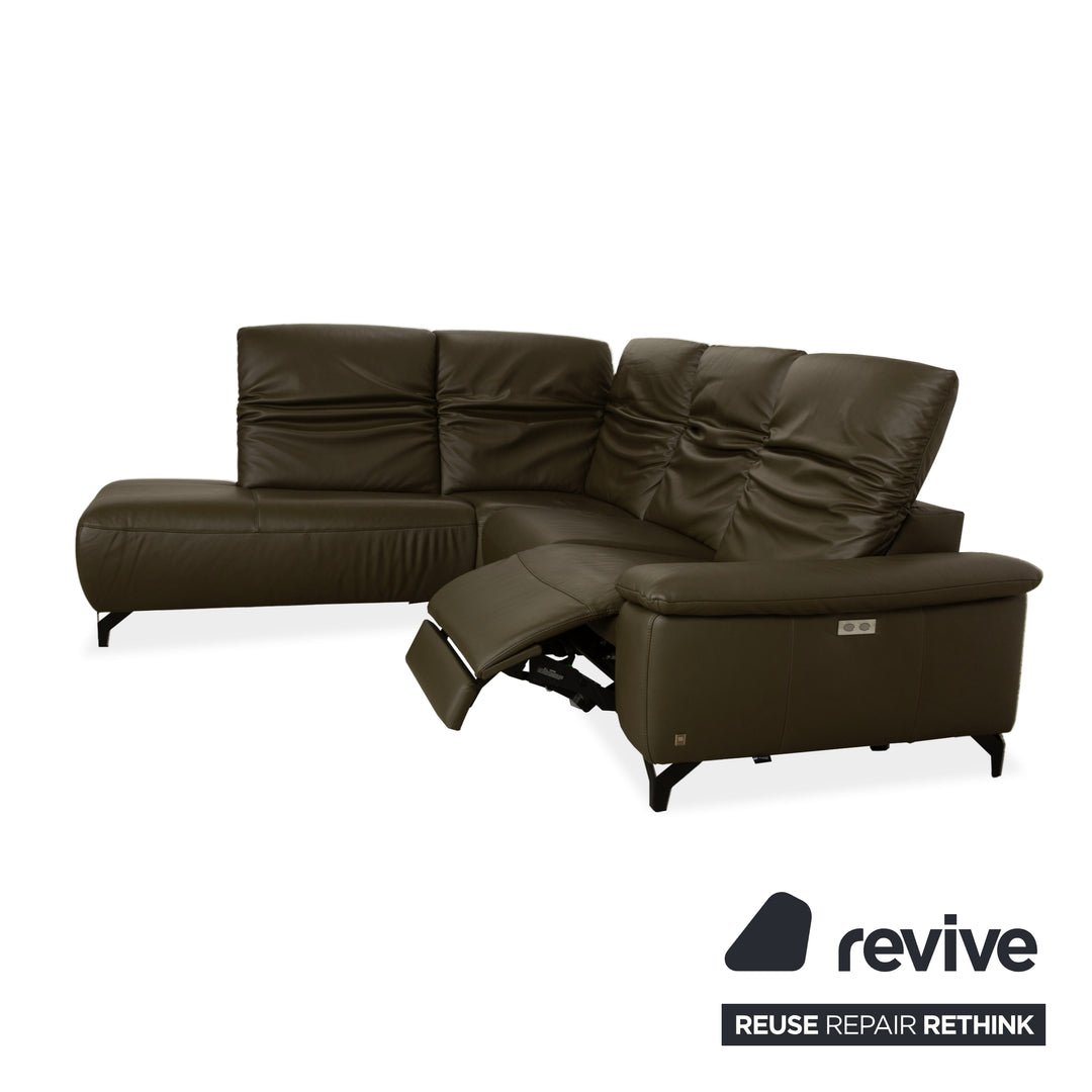 Musterring MR 370 Leather Corner Sofa Olive Green Manual and Electric Function Sofa Couch