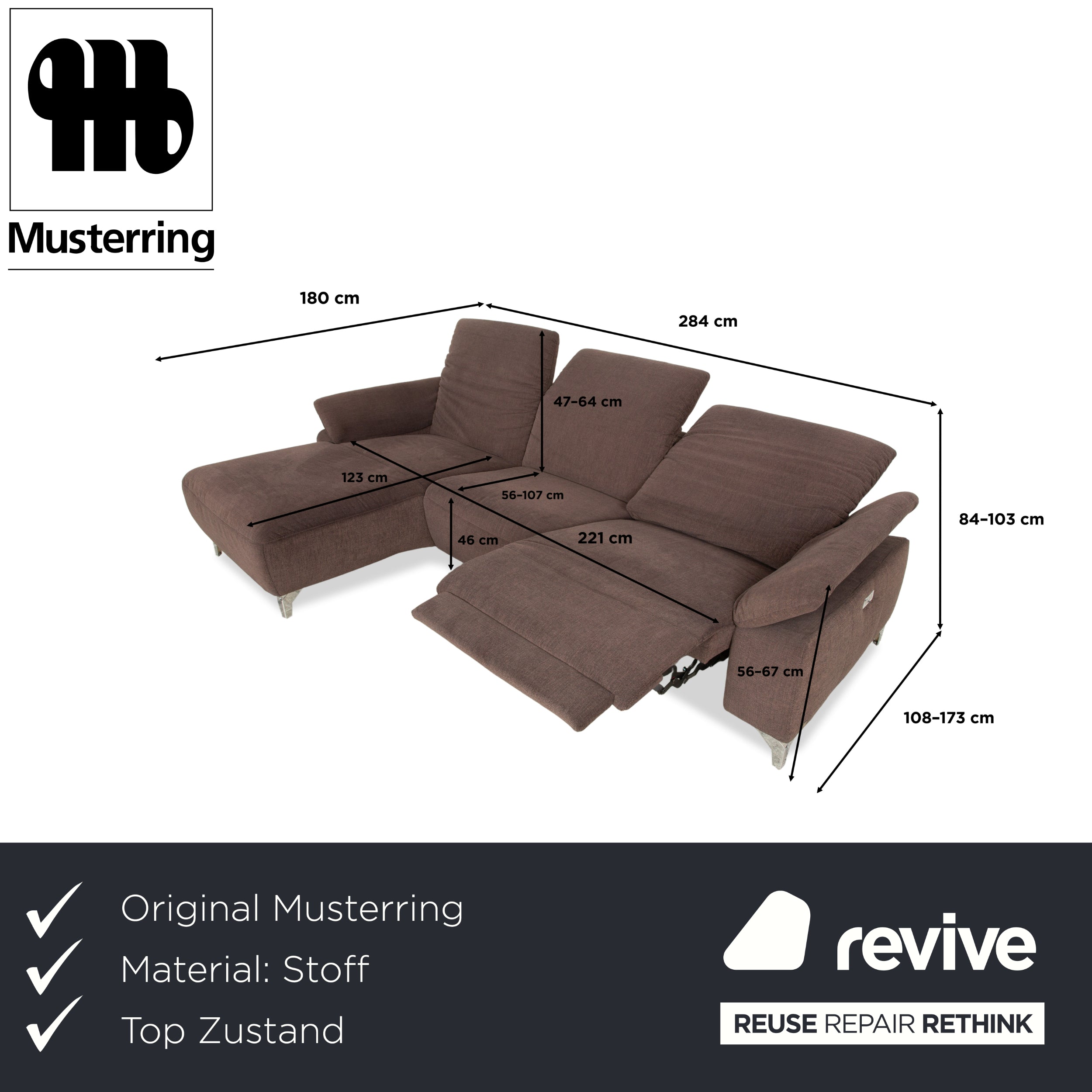 Musterring MR 370 fabric corner sofa brown manual function sofa couch