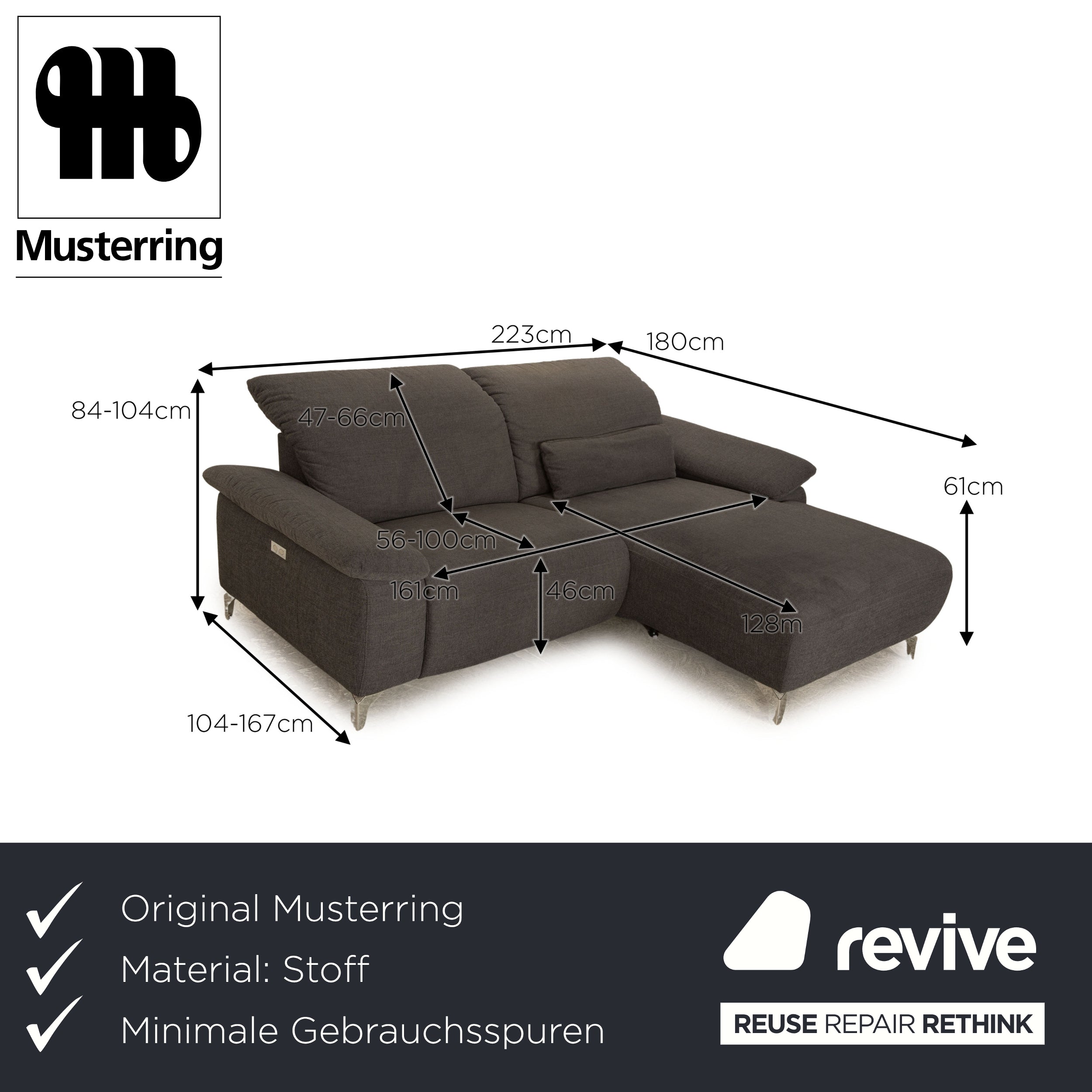 Musterring MR 370 fabric corner sofa dark grey chaise longue right electric function sofa couch