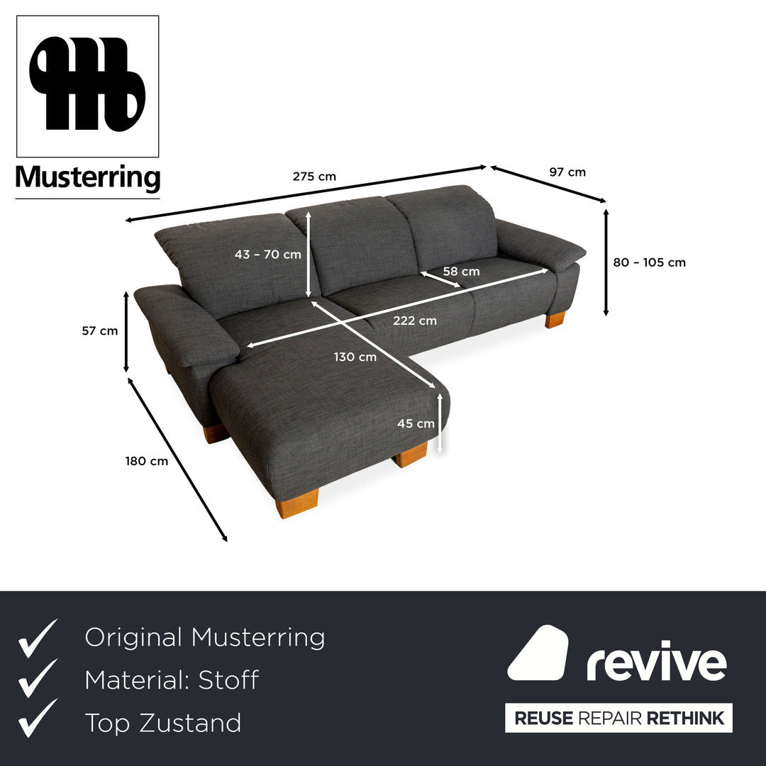 Canapé d'angle en tissu gris Musterring MR 370 avec méridienne gauche