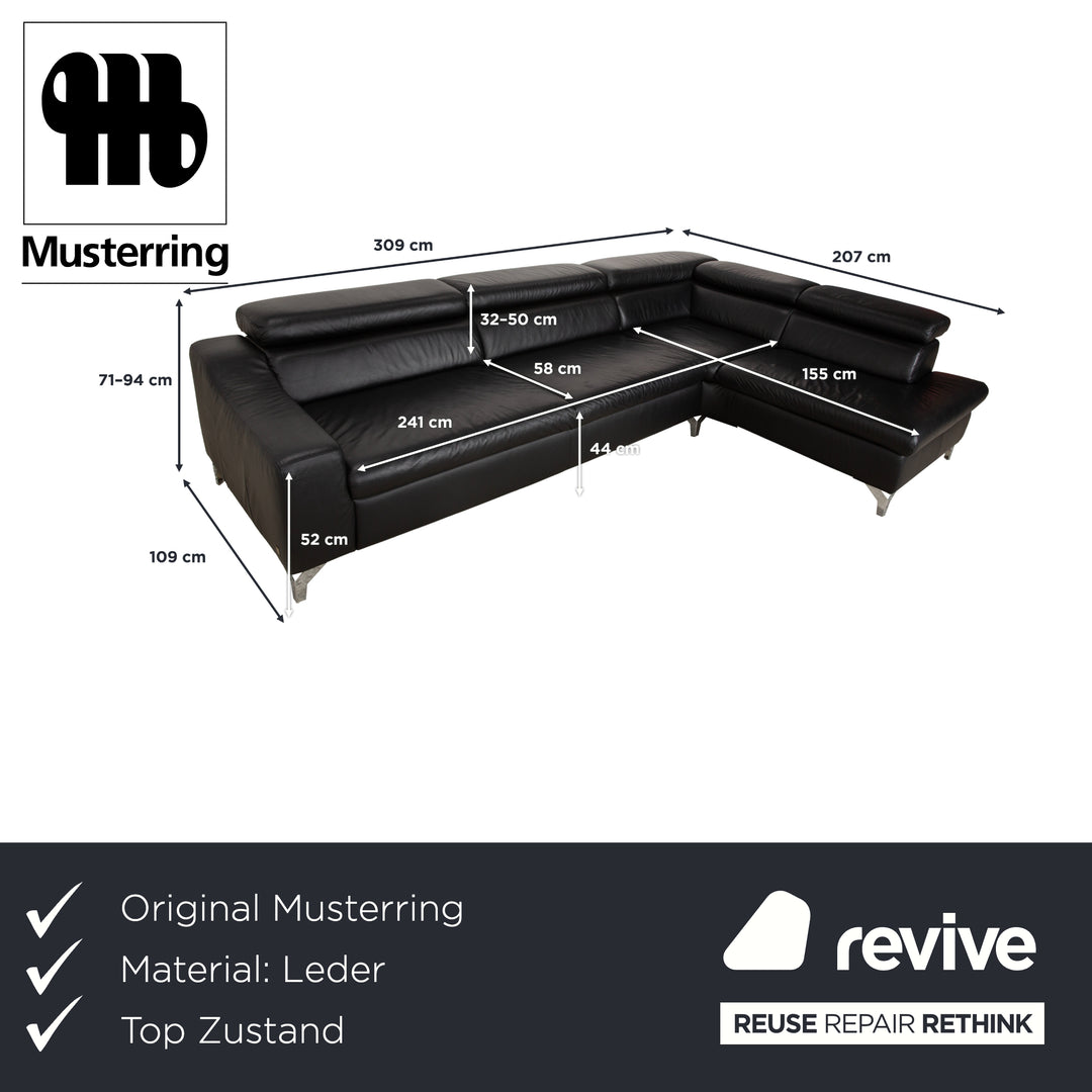 Canapé d'angle en cuir noir Musterring MR 4775 à réglage manuel