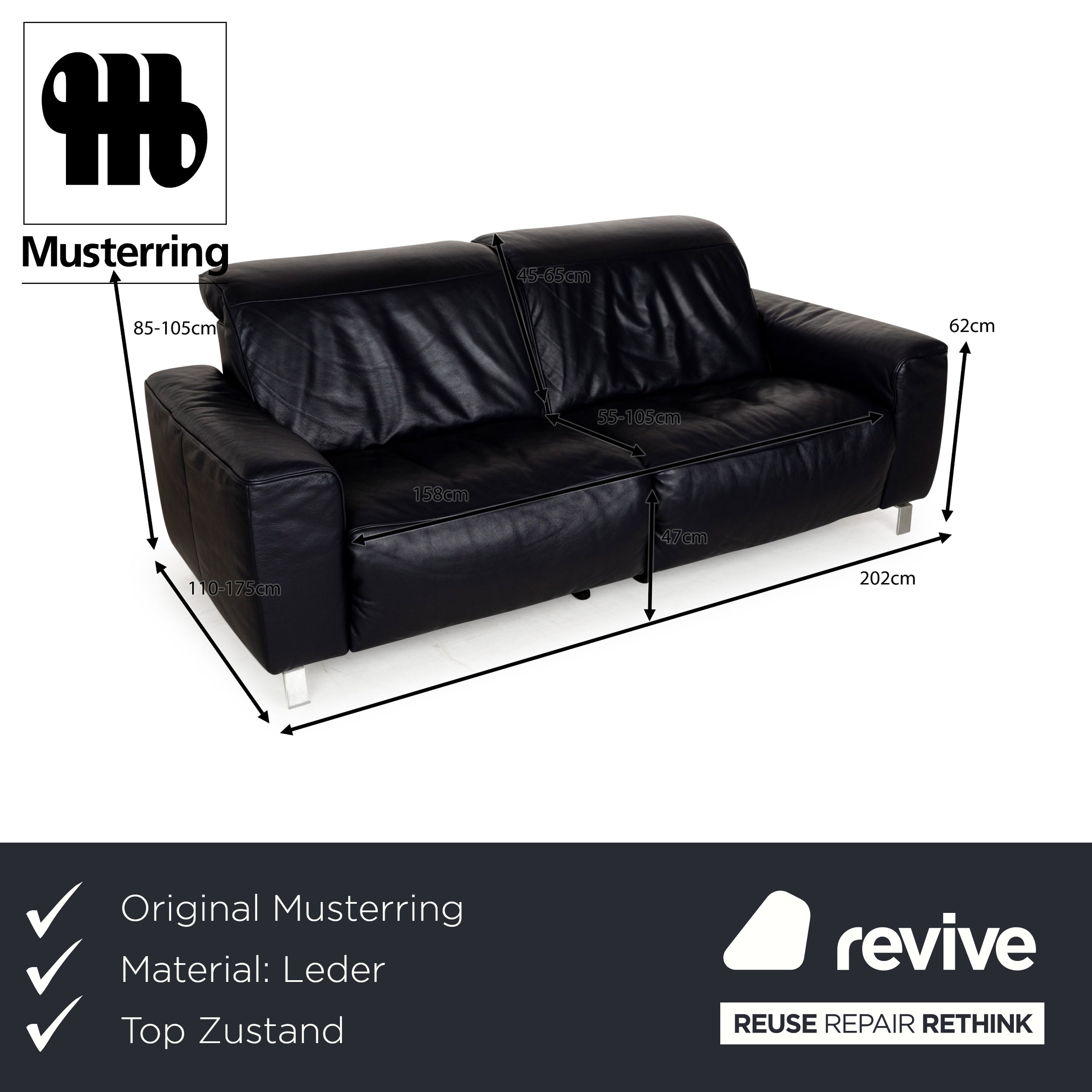 Musterring MR 6070 Leder Dreisitzer Dunkelblau Schwarz elektrische Funktion Sofa Couch