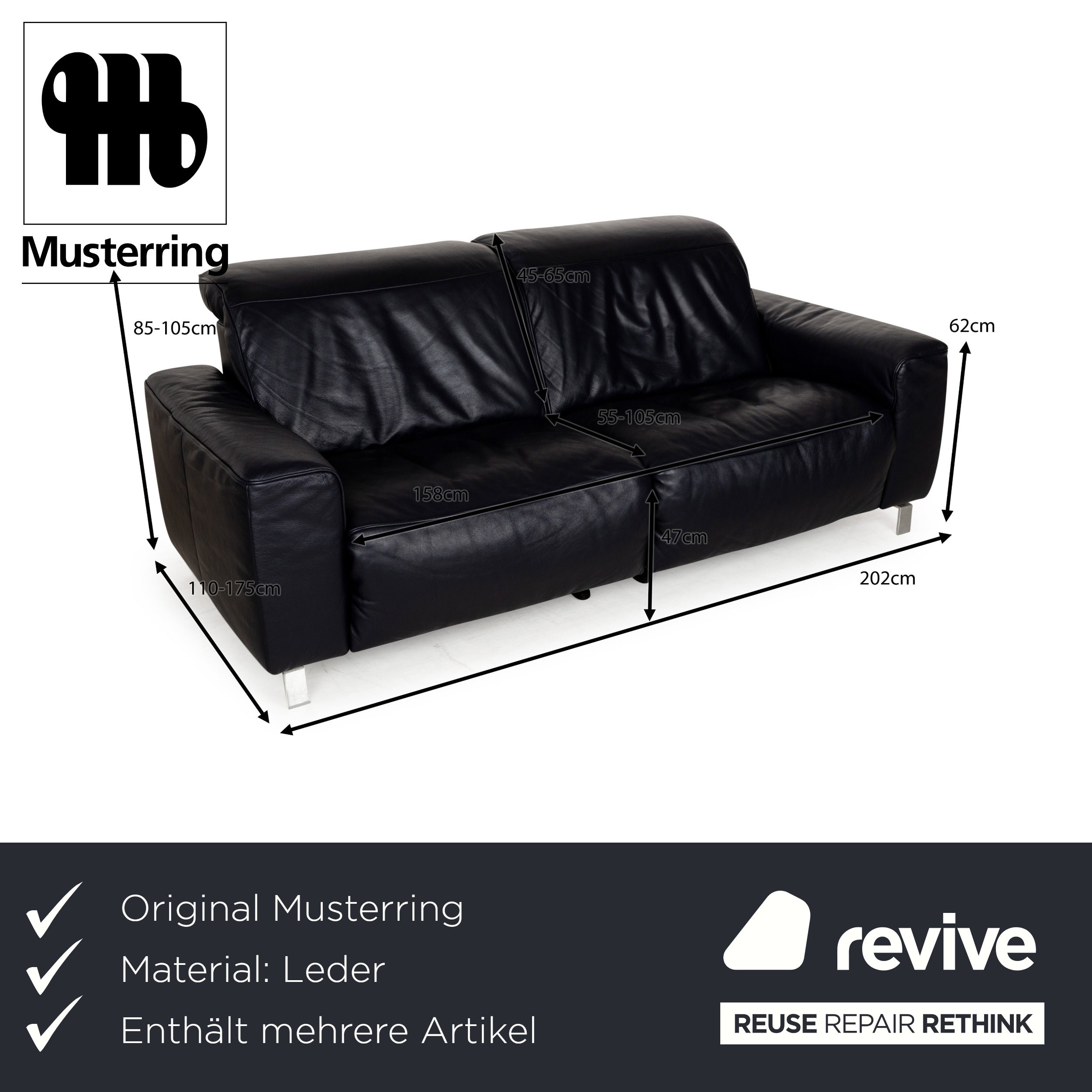 Musterring MR 6070 Leder Sofa Garnitur Dunkelblau elektrische Funktion Dreisitzer Zweisitzer Couch