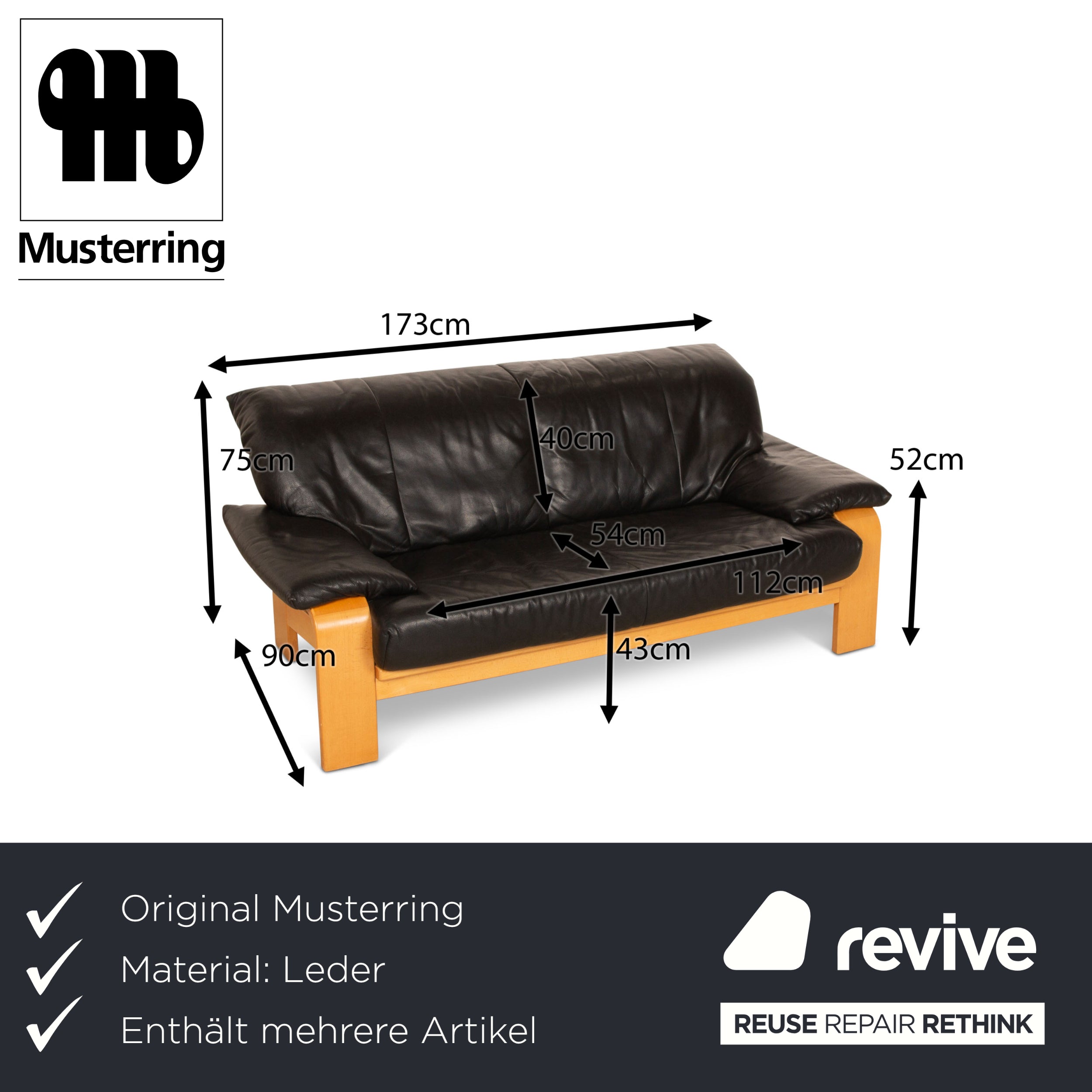 Musterring Sofa-Garnitur Dreisitzer Zweisitzer Sessel Leder Schwarz Sofa Couch