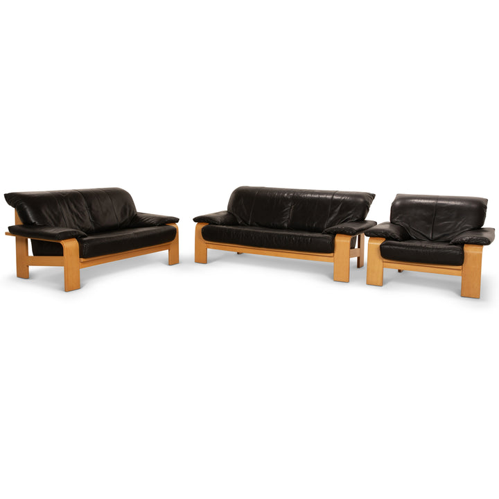 Musterring Sofa Set Three-Seater Two-Seater Armchair Leather Black Sofa Couch