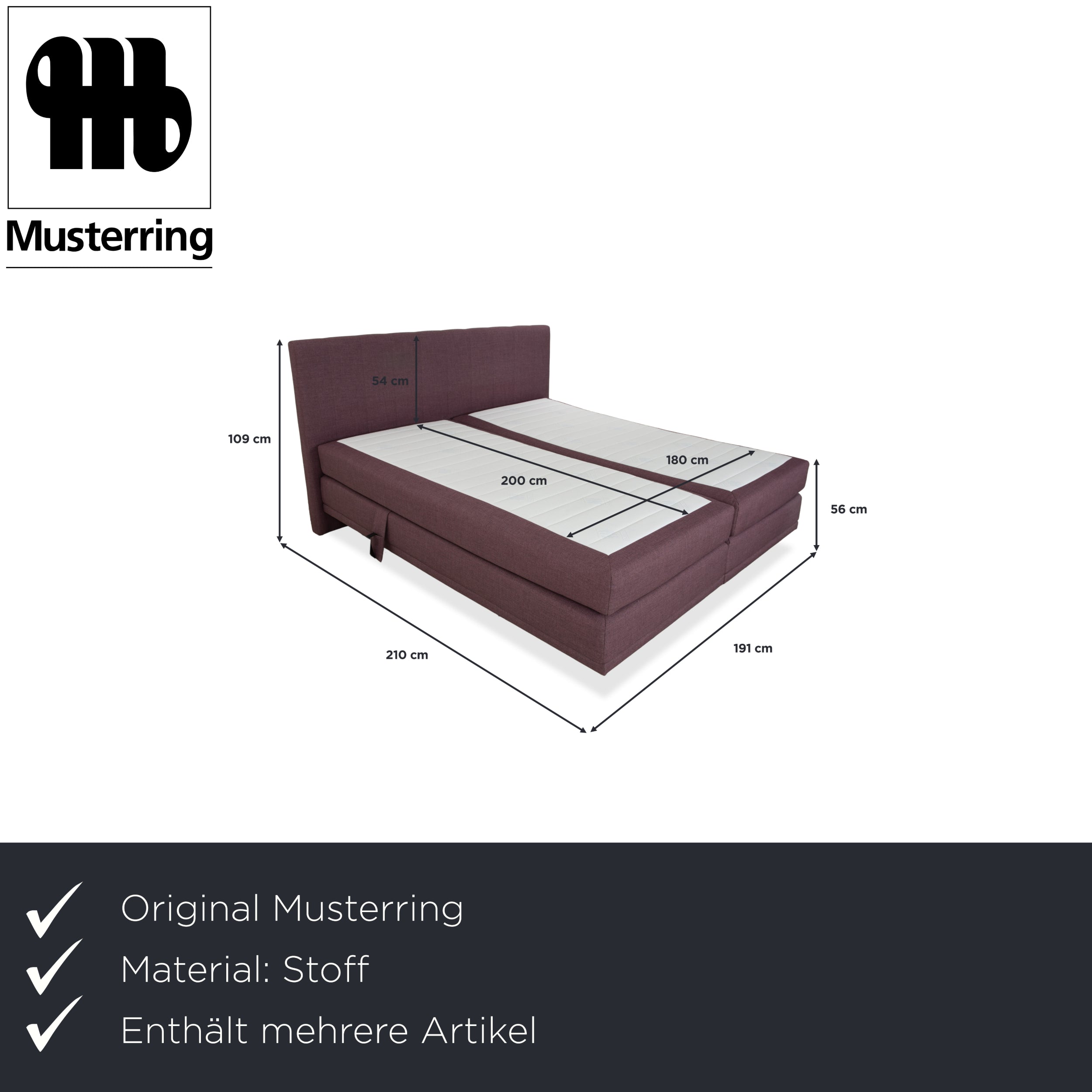 Musterring fabric bed, box spring bed, stool, purple rose, electric function
