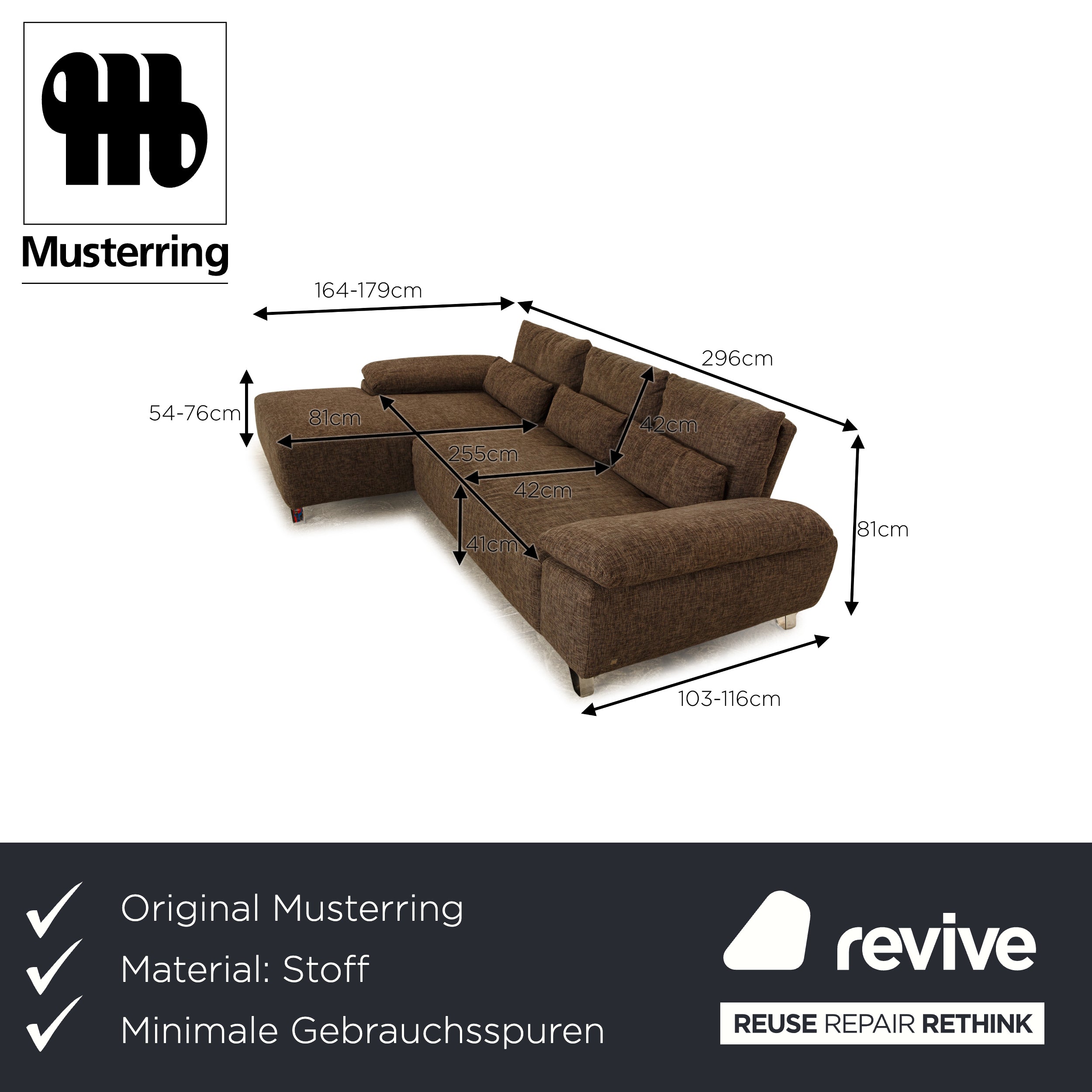 Musterring fabric corner sofa grey brown manual function chaise longue left sofa couch