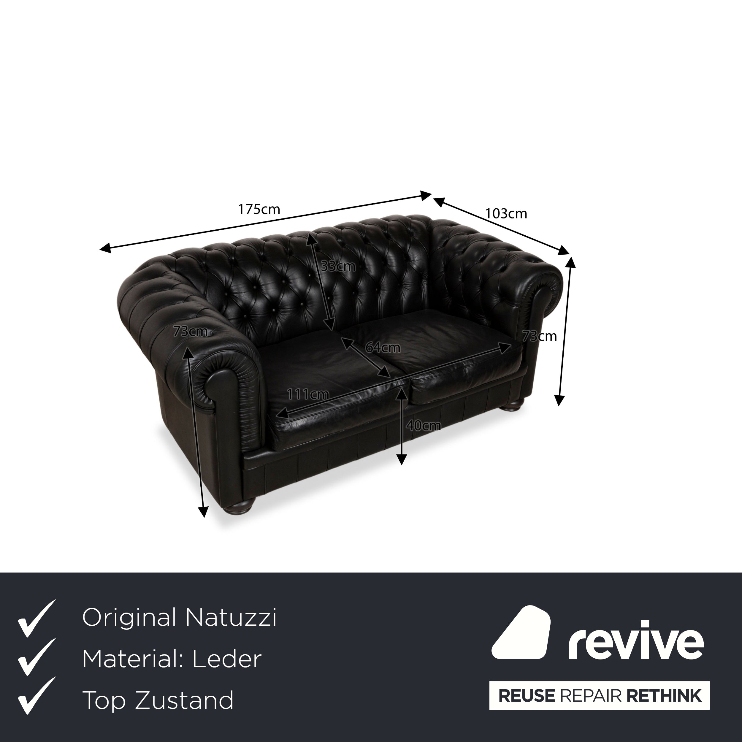 Natuzzi King Leder Zweisitzer Schwarz Chesterfield