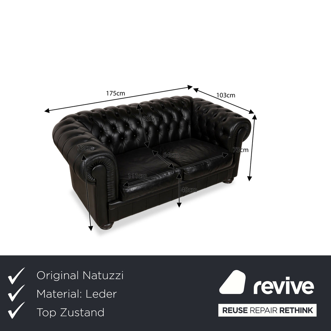 Natuzzi King Leather Two-Seater Black Chesterfield