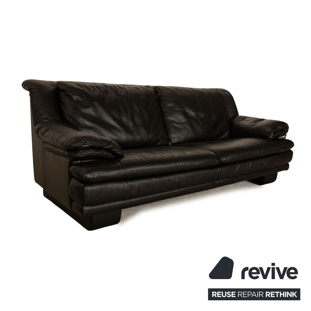 Natuzzi Leather Three Seater Black Sofa Couch