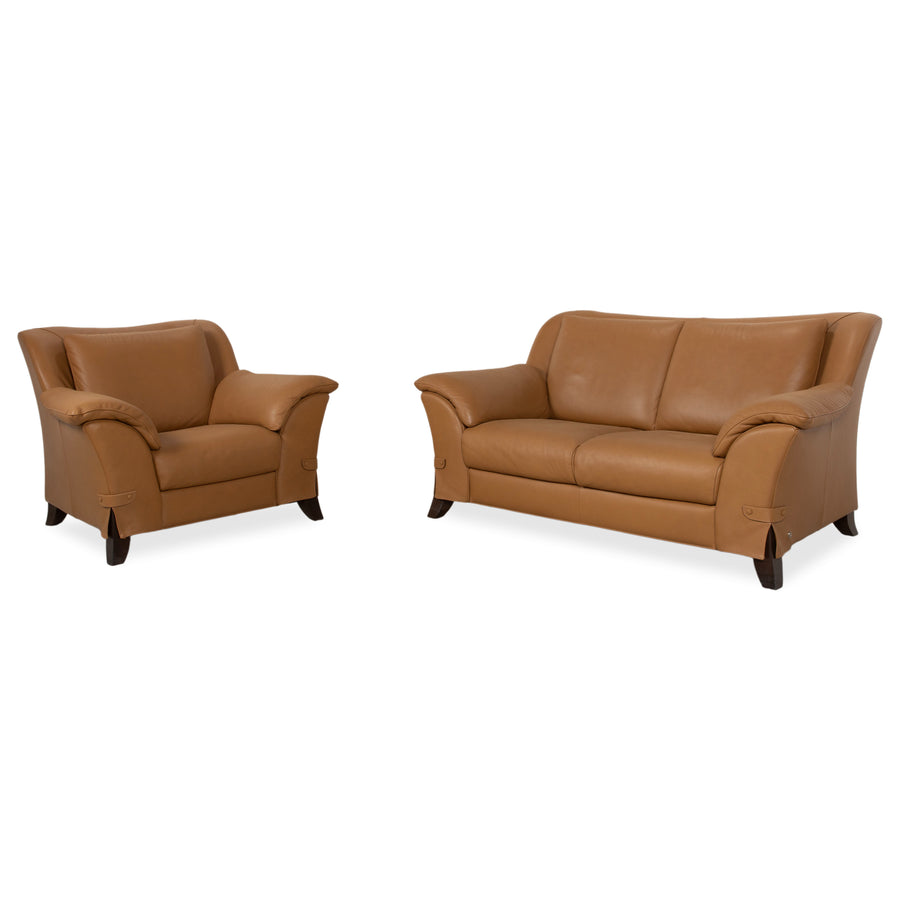 Natuzzi Leather Two-Seater Sofa Couch Armchair Brown Cognac