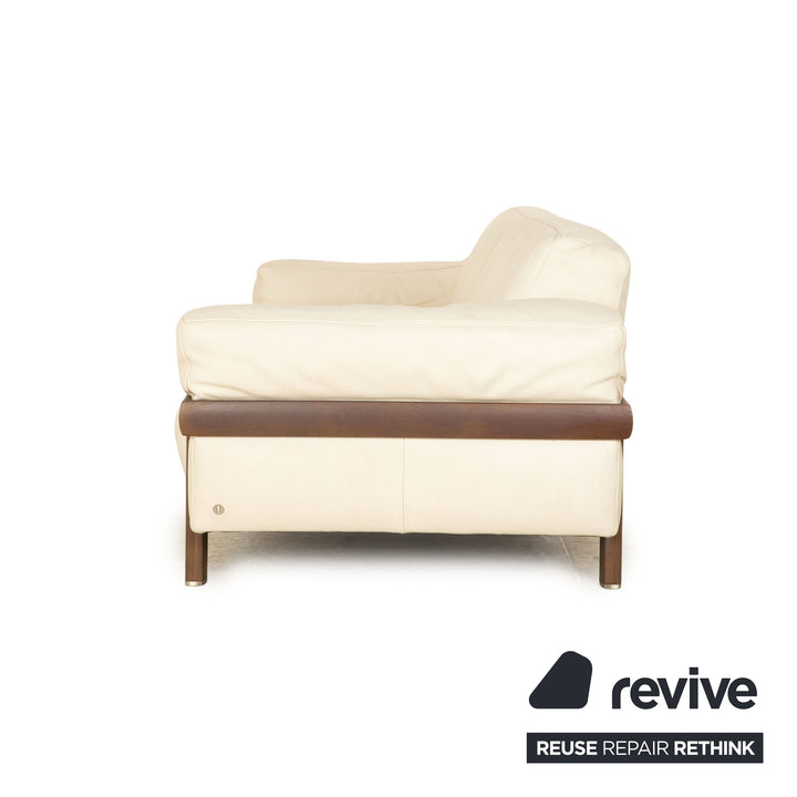 Natuzzi Leather Sofa Cream Three Seater Couch Wood