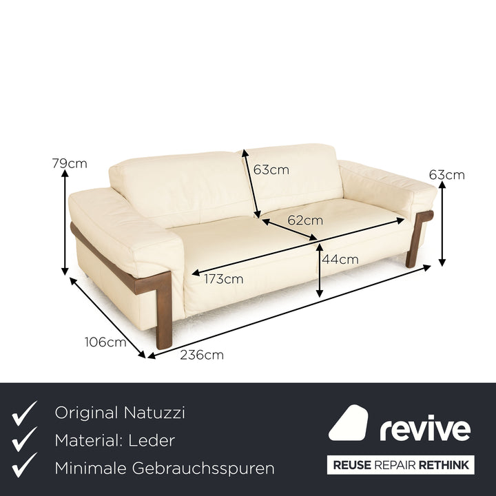 Natuzzi Leather Sofa Cream Three Seater Couch Wood