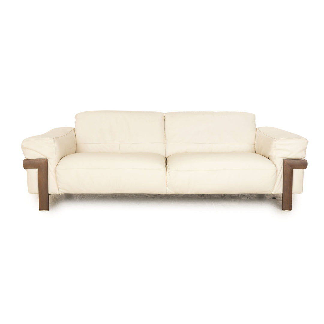 Natuzzi Leather Sofa Cream Three Seater Couch Wood