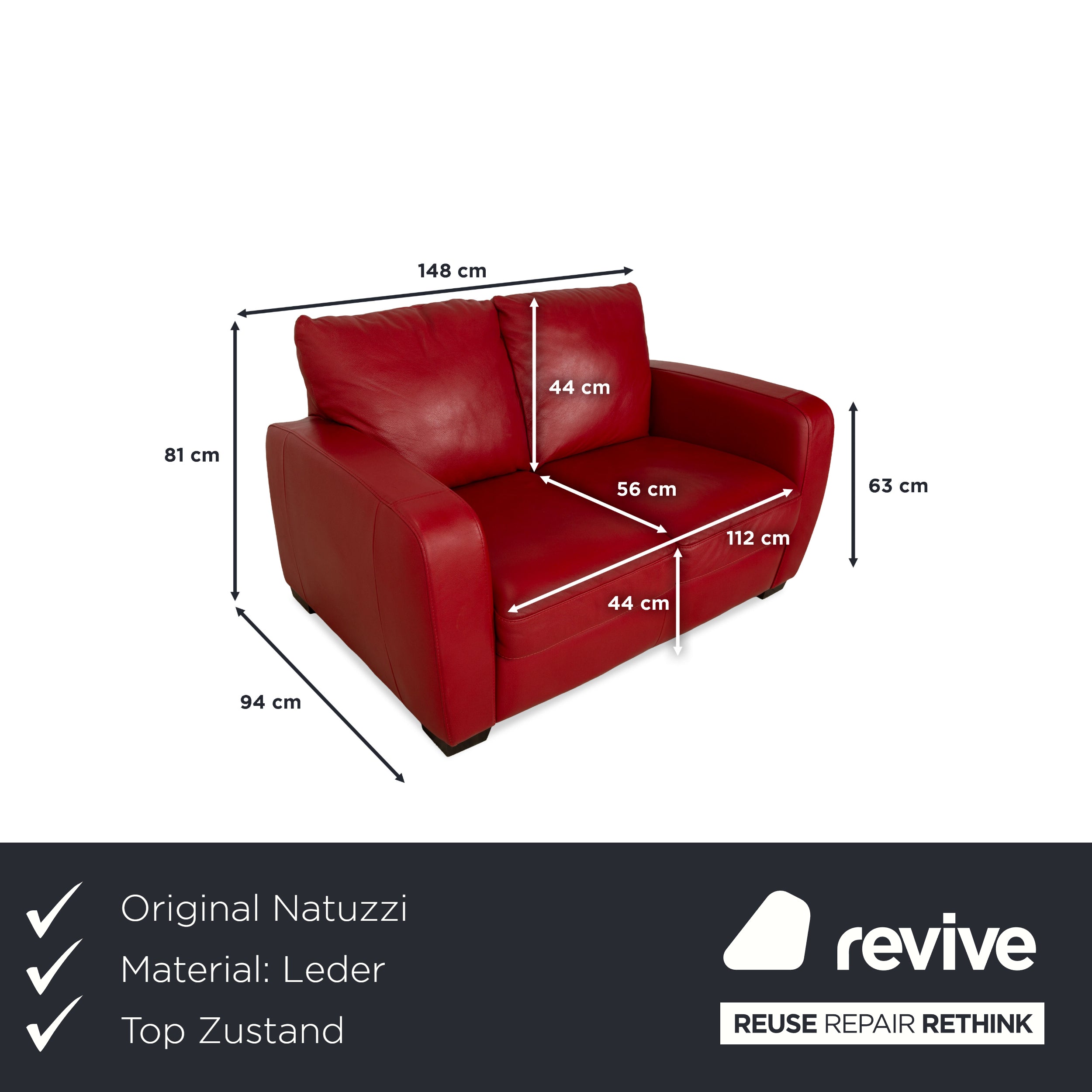 Natuzzi Leder Zweisitzer Rot Sofa Couch