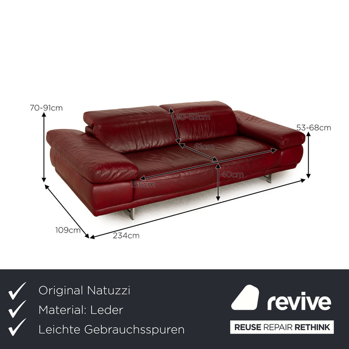 Natuzzi Preludio Leder Dreisitzer Rot manuelle Funktion Sofa Couch
