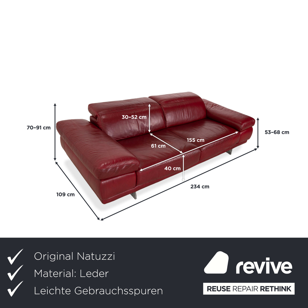 Natuzzi Preludio Leather Three-Seater Red Wine Burgundy Manual Function Sofa Couch