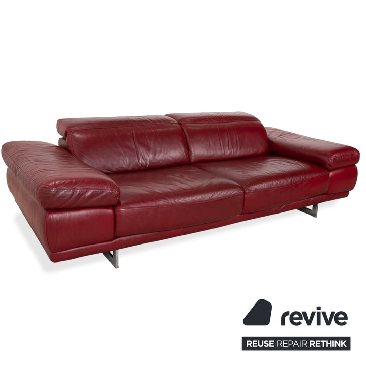Natuzzi Preludio Leather Three-Seater Red Wine Burgundy Manual Function Sofa Couch