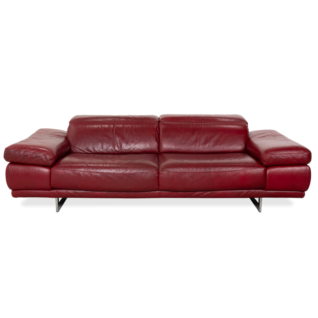 Natuzzi Preludio Leather Three-Seater Red Wine Burgundy Manual Function Sofa Couch