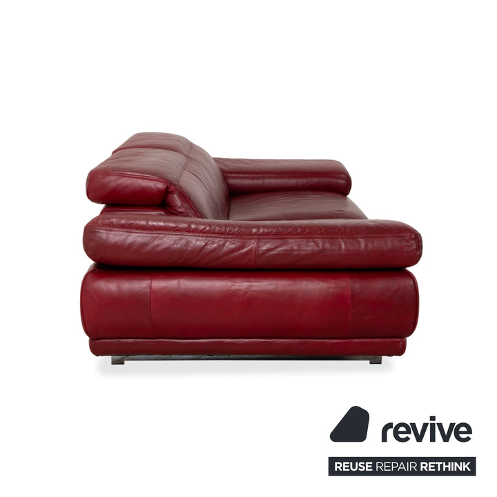 Natuzzi Preludio Leather Three-Seater Red Wine Burgundy Manual Function Sofa Couch