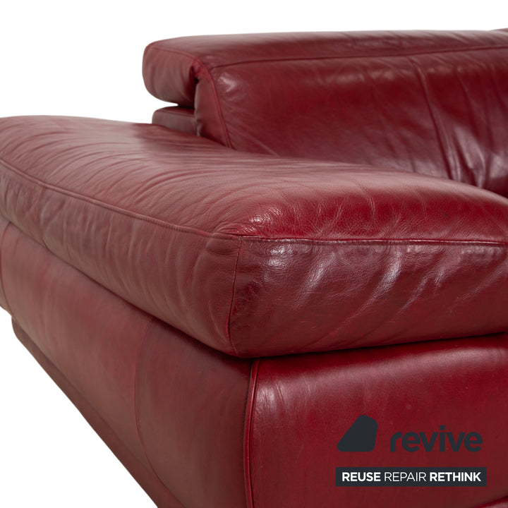 Natuzzi Preludio Leather Three-Seater Red Wine Burgundy Manual Function Sofa Couch