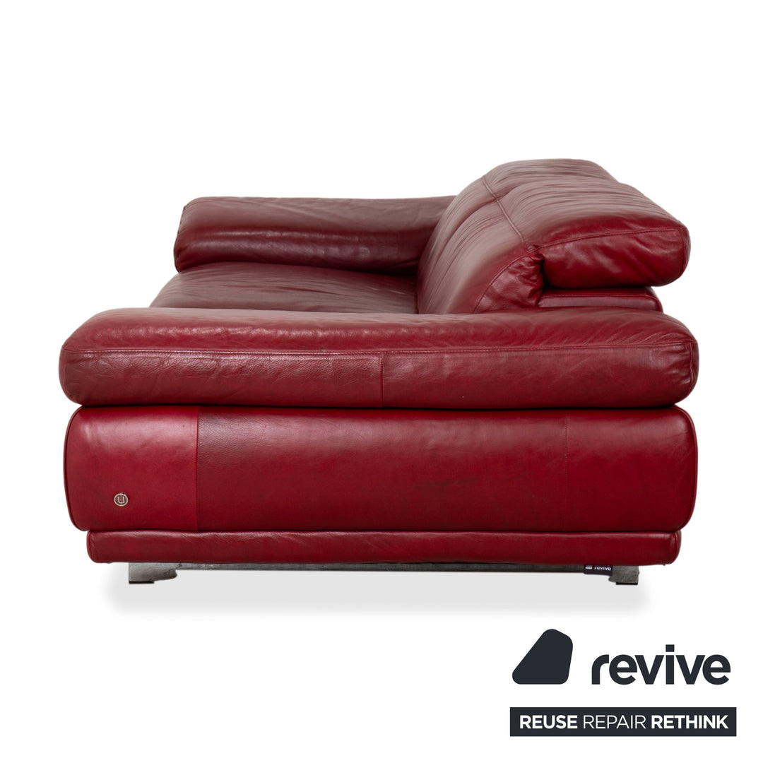 Natuzzi Preludio Leather Three-Seater Red Wine Burgundy Manual Function Sofa Couch