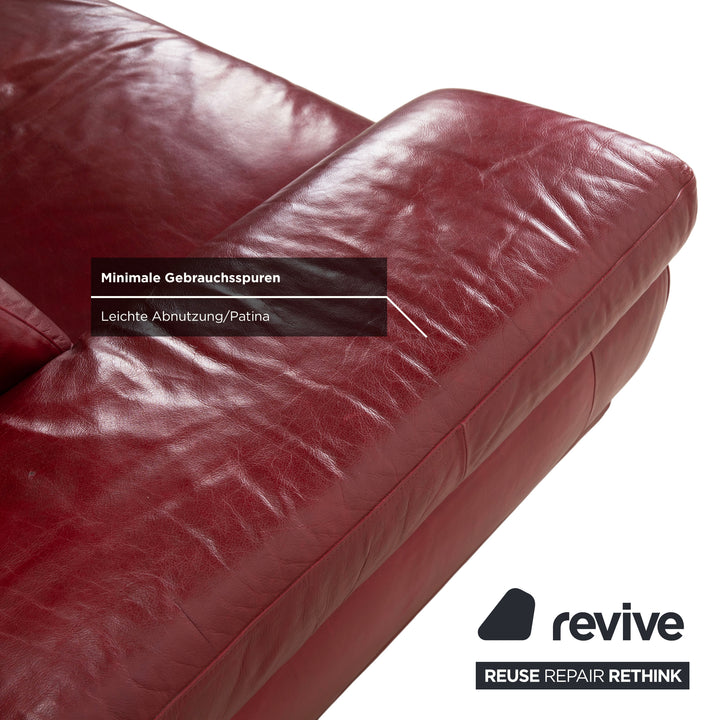 Natuzzi Preludio Leather Three-Seater Red Wine Burgundy Manual Function Sofa Couch