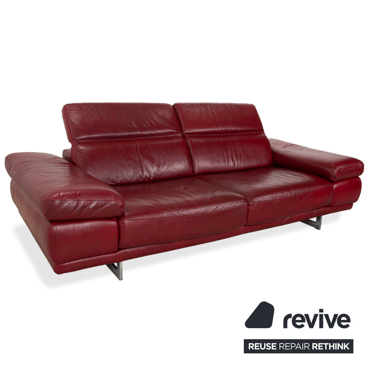 Natuzzi Preludio Leather Three-Seater Red Wine Burgundy Manual Function Sofa Couch