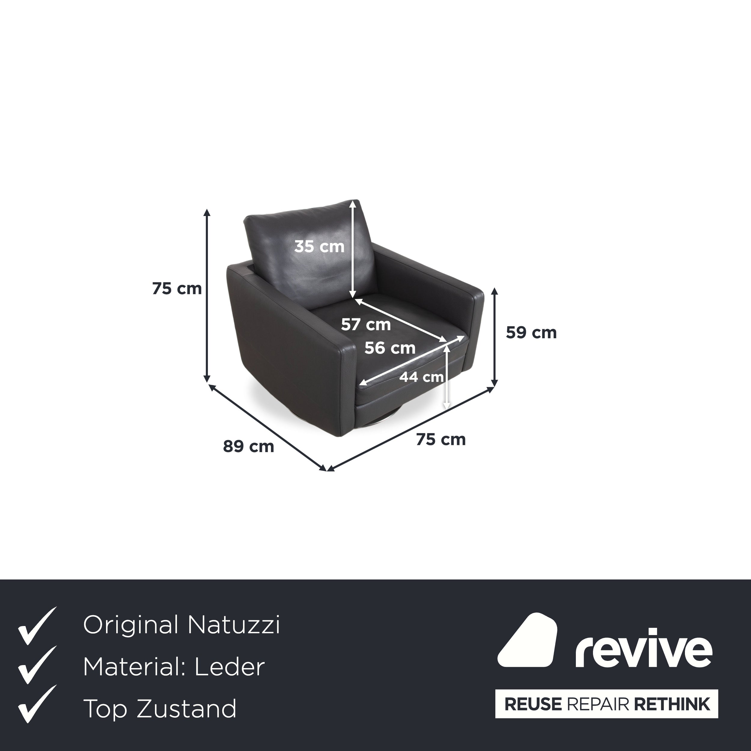 Natuzzi Relevé Leather Armchair Black Anthracite