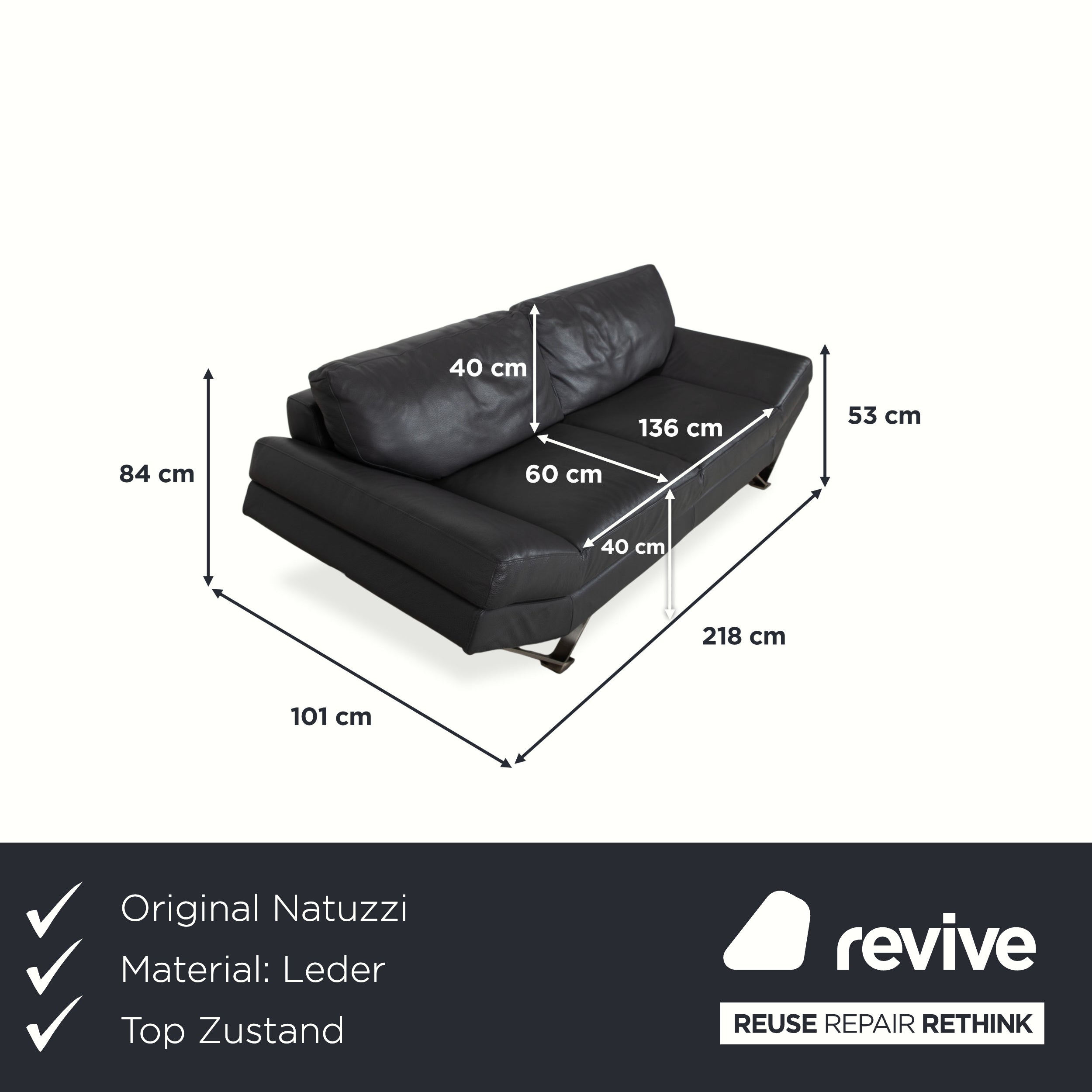 Natuzzi Relevé Leather Two-Seater Anthracite Sofa Couch