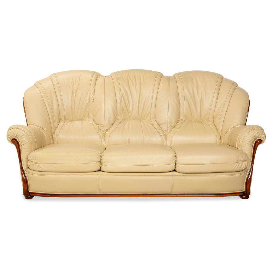 Nieri Leder Holz Dreisitzer Creme Braun Sofa Couch