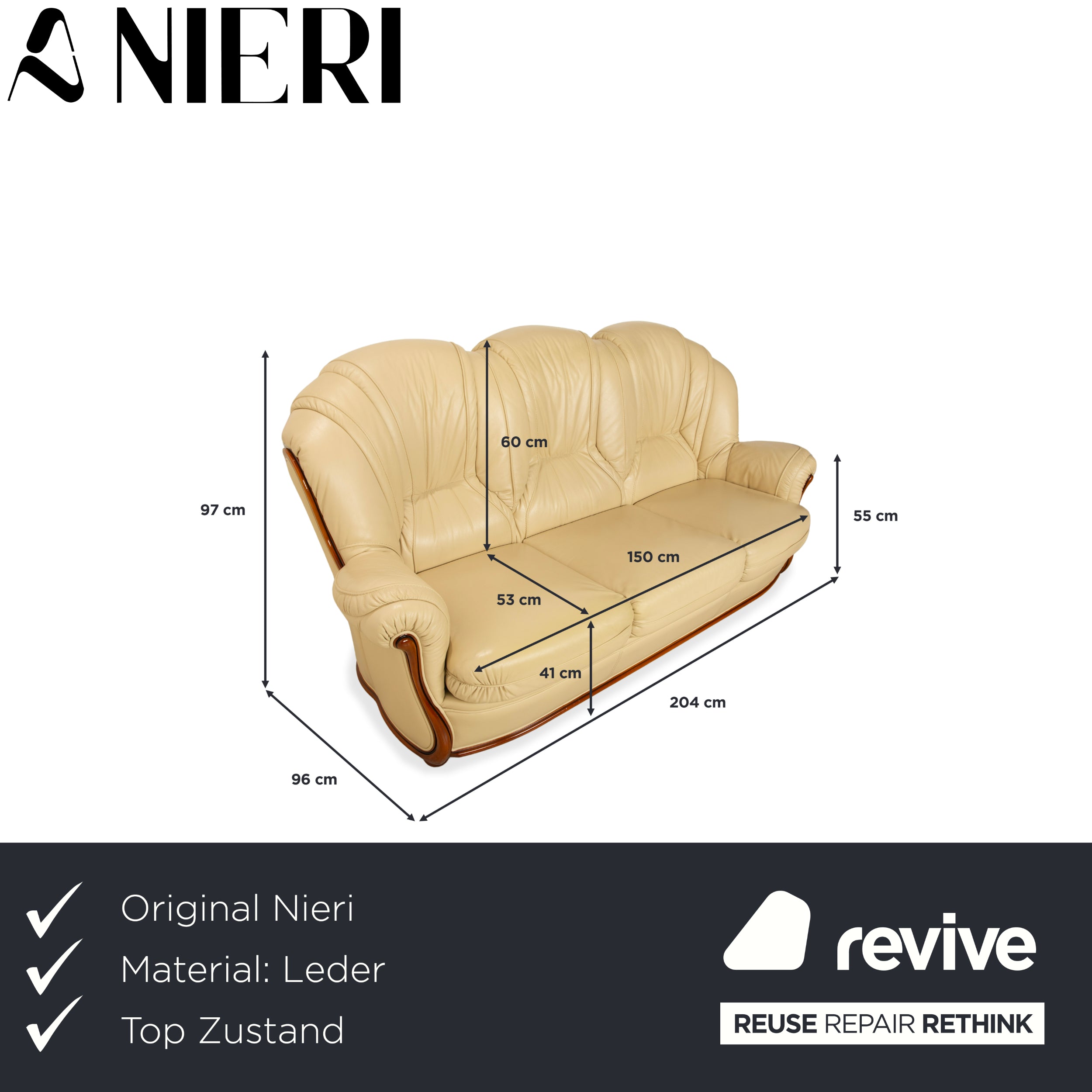 Canapé trois places Nieri en cuir et bois, couleur crème et marron.